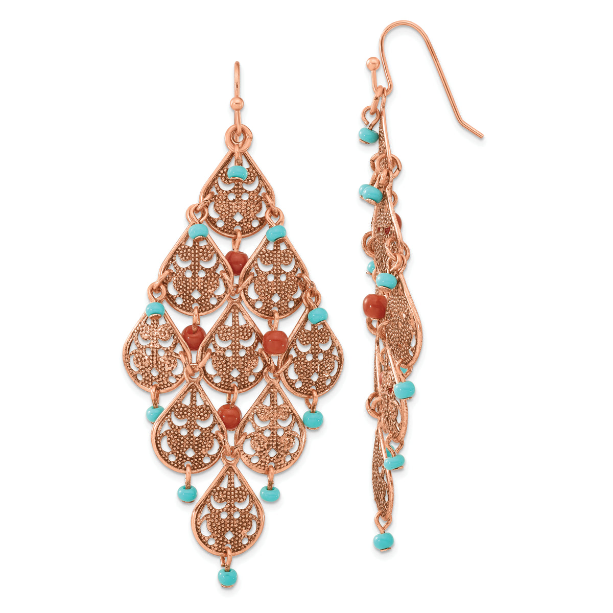 1928 Jewelry Copper-tone Filigree Pear Shaped and Aqua and Brown Acrylic Beads Dangle Chandelier Earrings