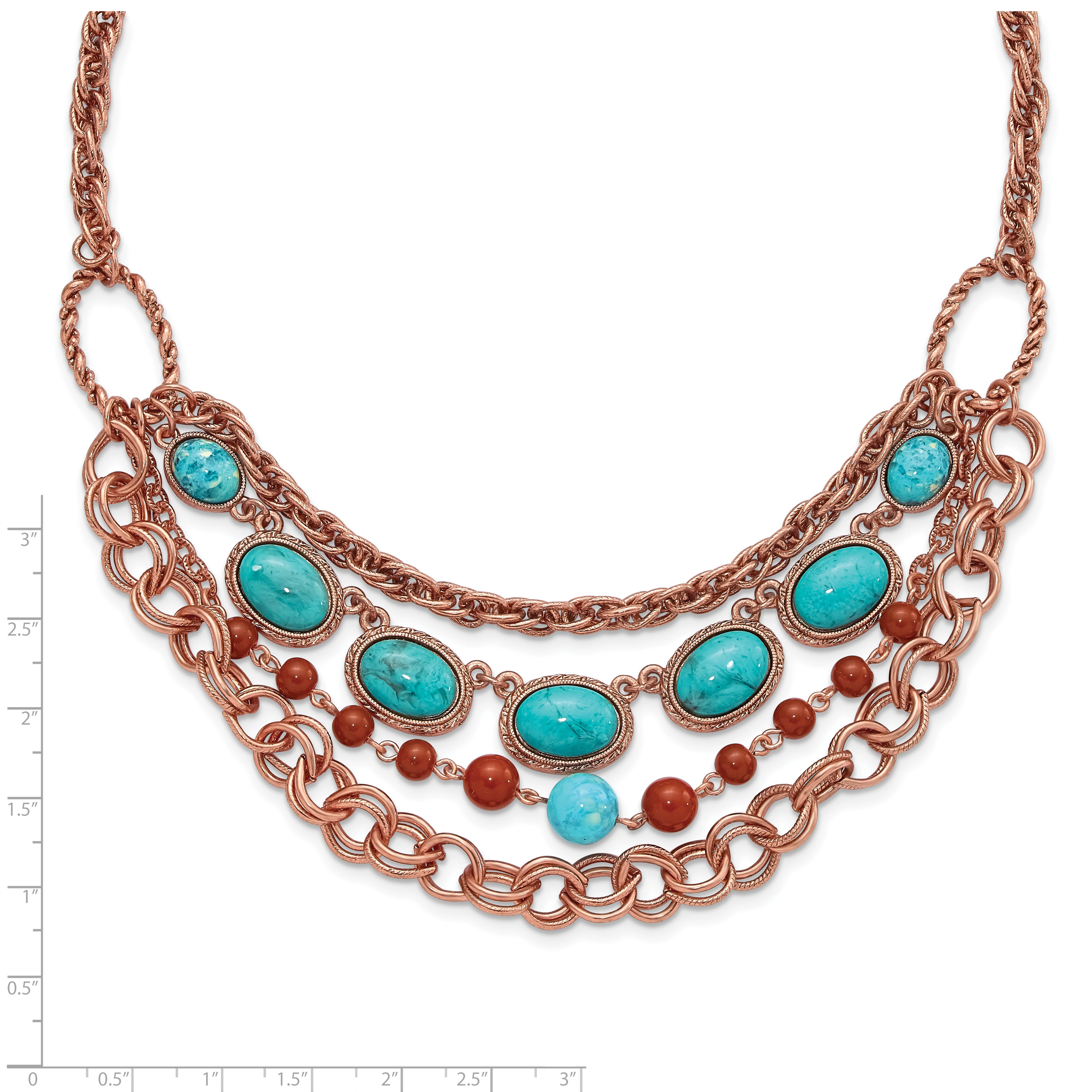 1928 Jewelry Copper-tone Textured Link Aqua and Brown Acrylic Beads Graduated Four Row 16 inch Necklace with 3 inch extension