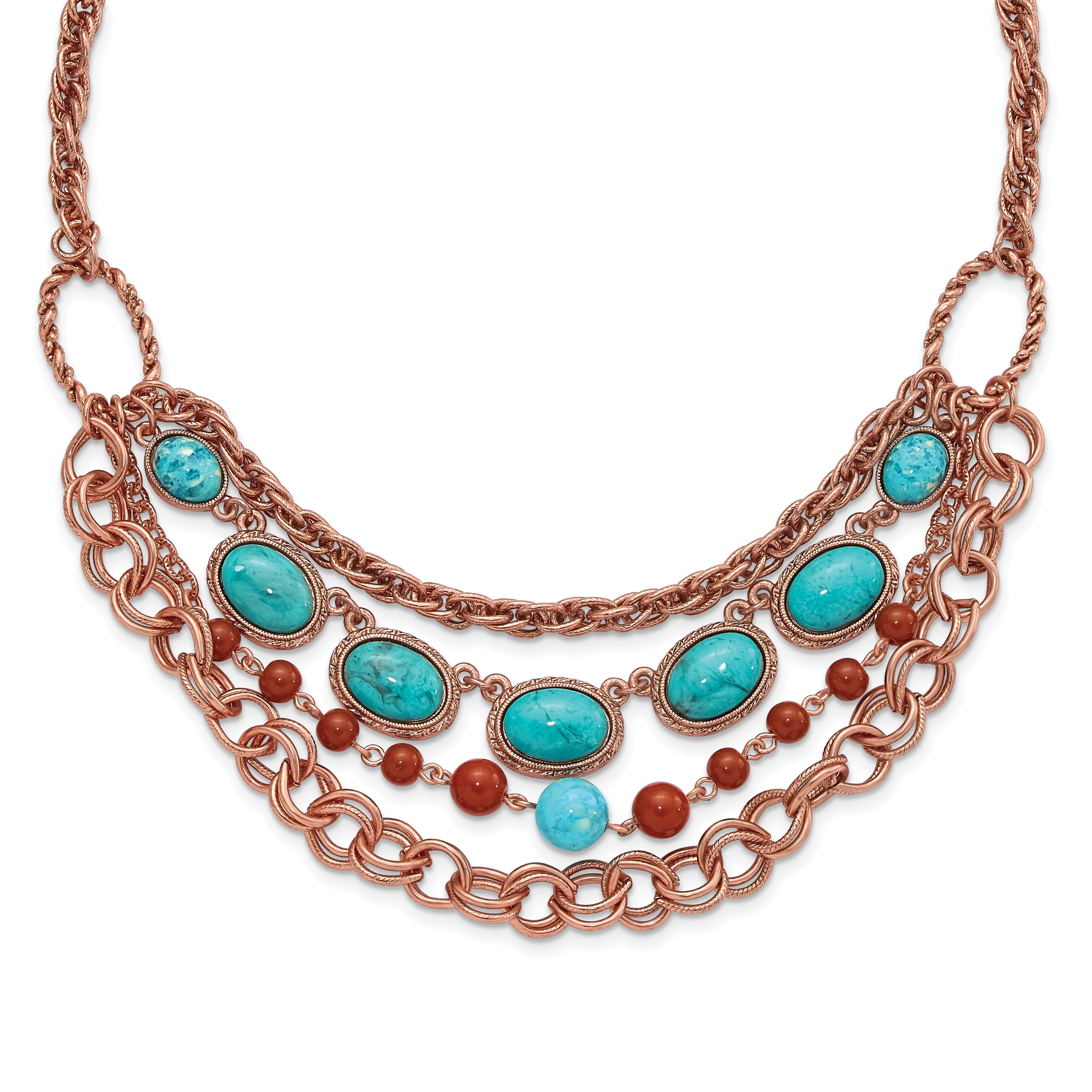 1928 Jewelry Copper-tone Textured Link Aqua and Brown Acrylic Beads Graduated Four Row 16 inch Necklace with 3 inch extension