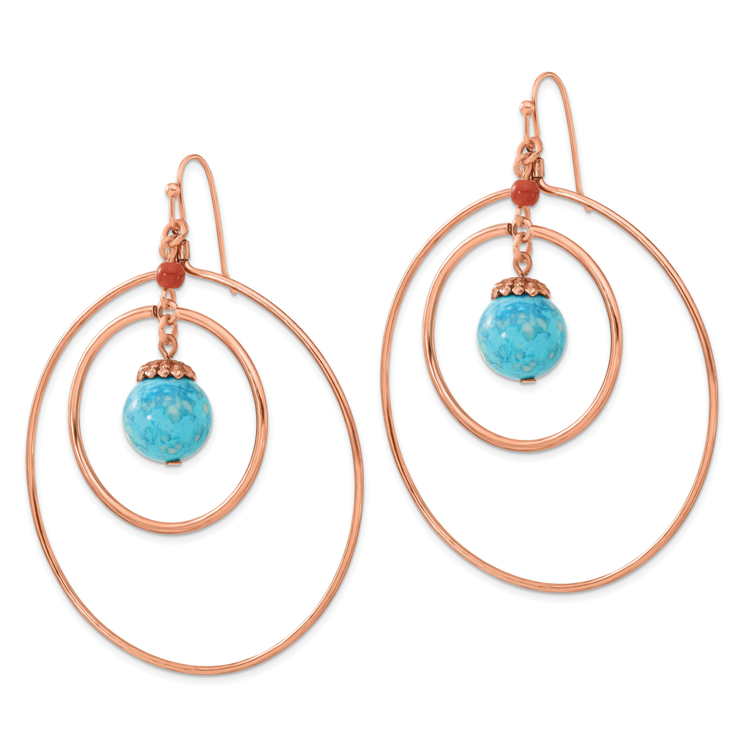 Copper-Tone Dangle Earrings with Brown and Aqua Acrylic Beads – Vintage Inspired