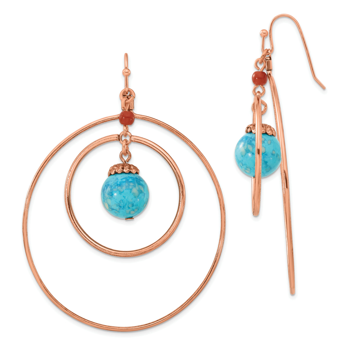 1928 Jewelry Copper-tone Double Circle Brown and Aqua Acrylic Beads Dangle Earrings