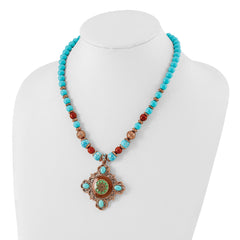 1928 Jewelry Copper-tone Frame and Beads Brown and Aqua Enamel Aqua and Brown Acrylic Beads 16 inch Necklace with 3 inch extension