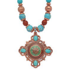 1928 Jewelry Copper-tone Frame and Beads Brown and Aqua Enamel Aqua and Brown Acrylic Beads 16 inch Necklace with 3 inch extension