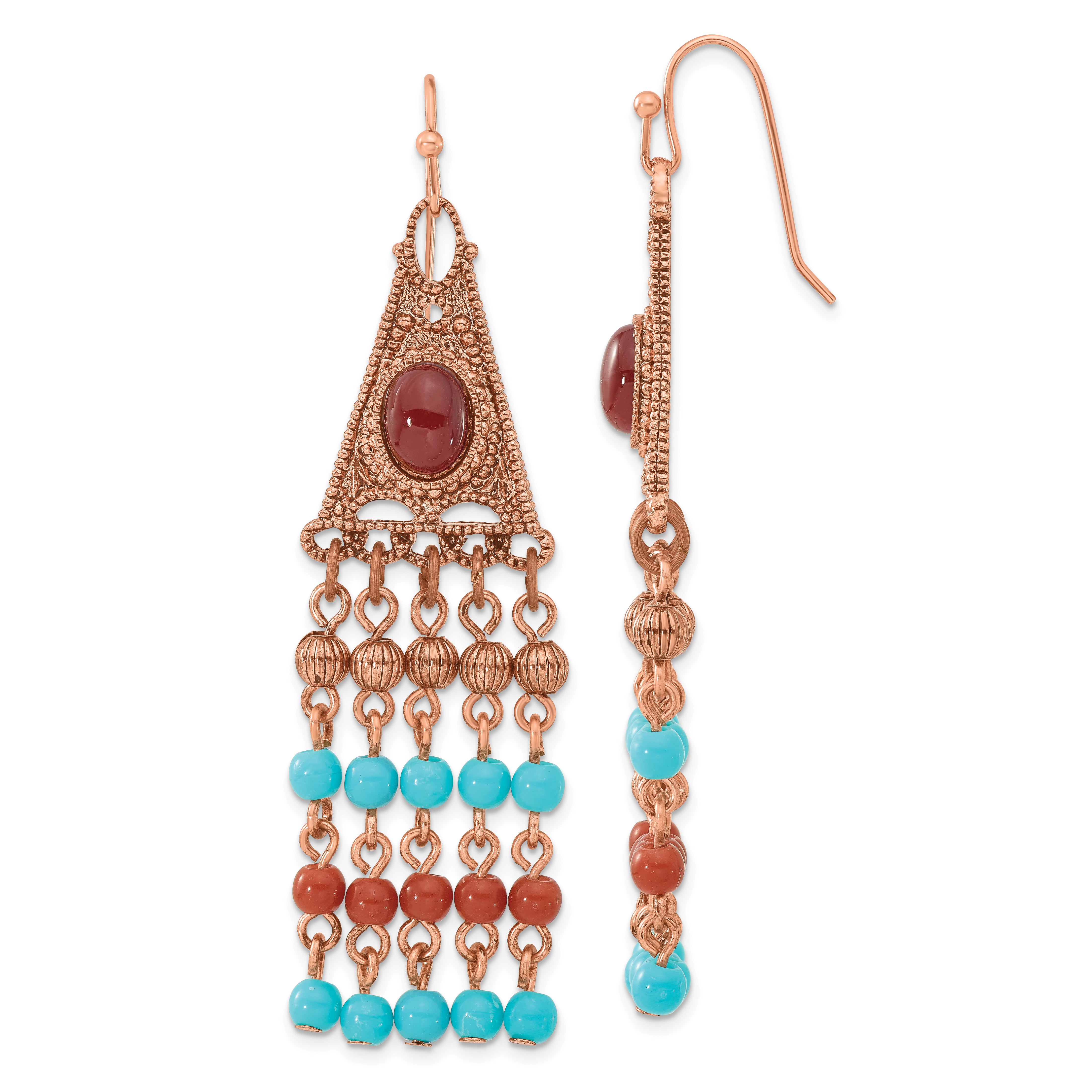 1928 Jewelry Copper-tone Aqua and Brown Acrylic Beads Long Dangle Earrings