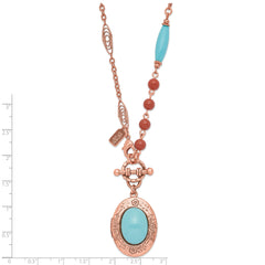 1928 Jewelry Copper-tone Aqua Blue and Brown Acrylic Beads Floral Frame with Aqua Center Locket Necklace Holds 2 Photos