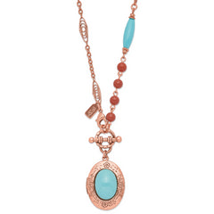 1928 Jewelry Copper-tone Aqua Blue and Brown Acrylic Beads Floral Frame with Aqua Center Locket Necklace Holds 2 Photos