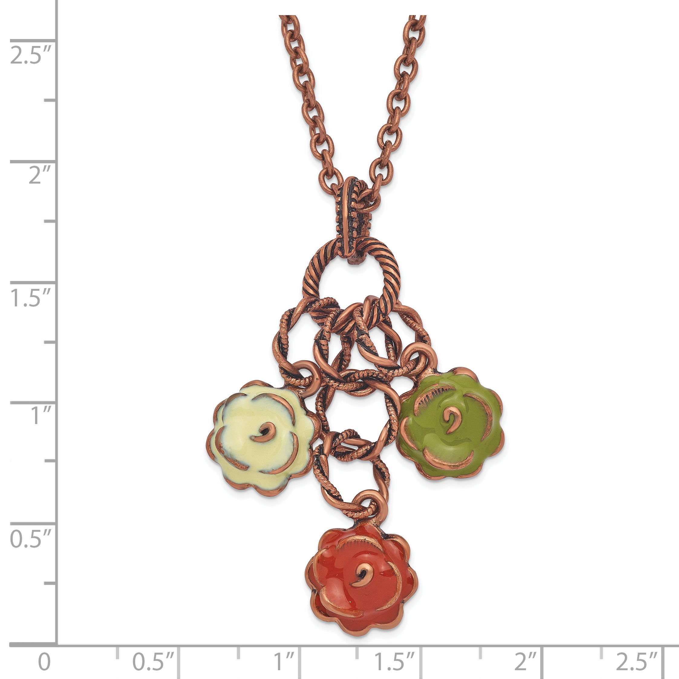 1928 Jewelry Copper-tone Textured Links Green Orange and Light Green Enameled Flower Dangle Adjustable 16 inch Necklace with 3 inch extension