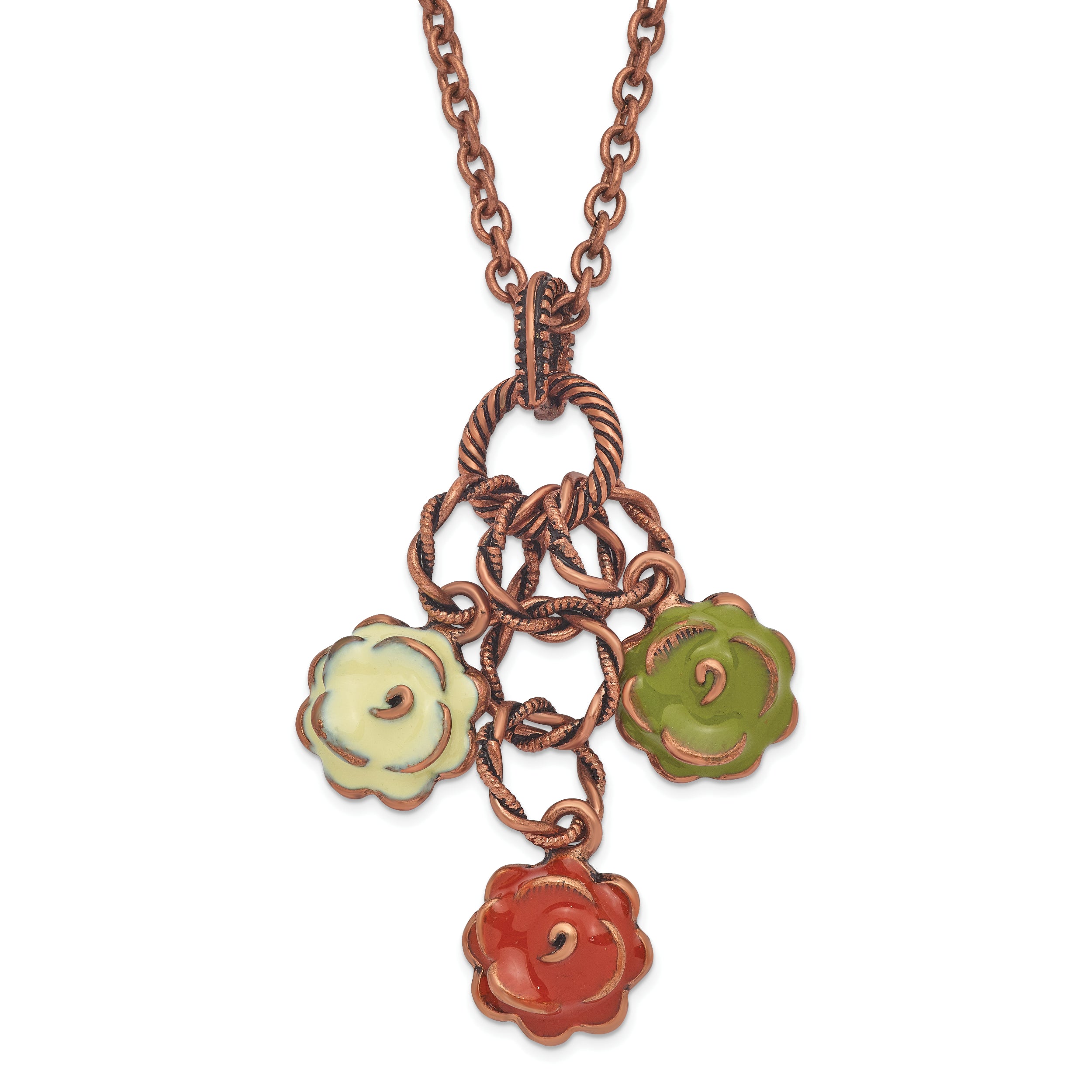 1928 Jewelry Copper-tone Textured Links Green Orange and Light Green Enameled Flower Dangle Adjustable 16 inch Necklace with 3 inch extension