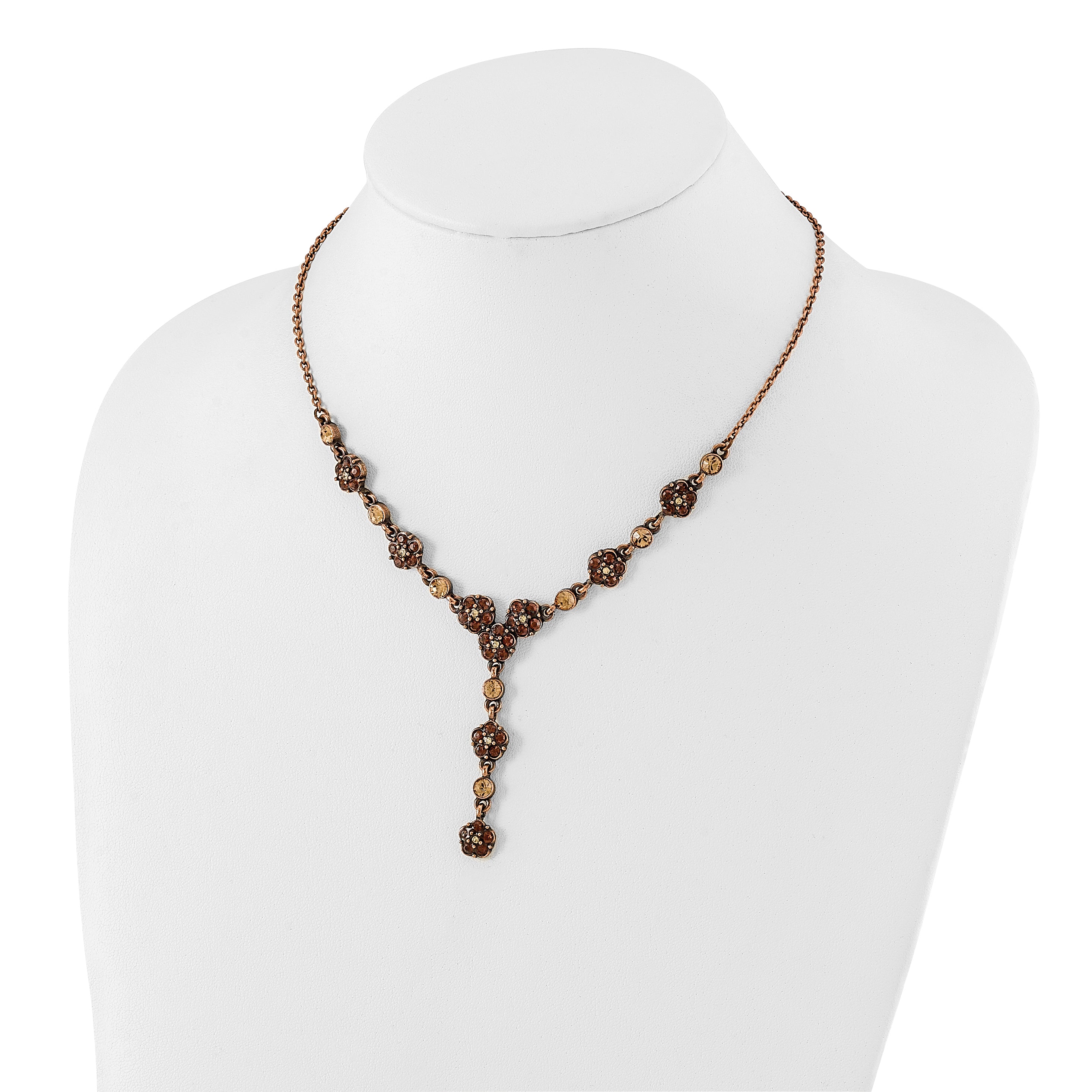 1928 Jewelry Copper-tone Light Colorado and Brown Crystal Floral Shape 15 inch Y Necklace with 3 inch extension