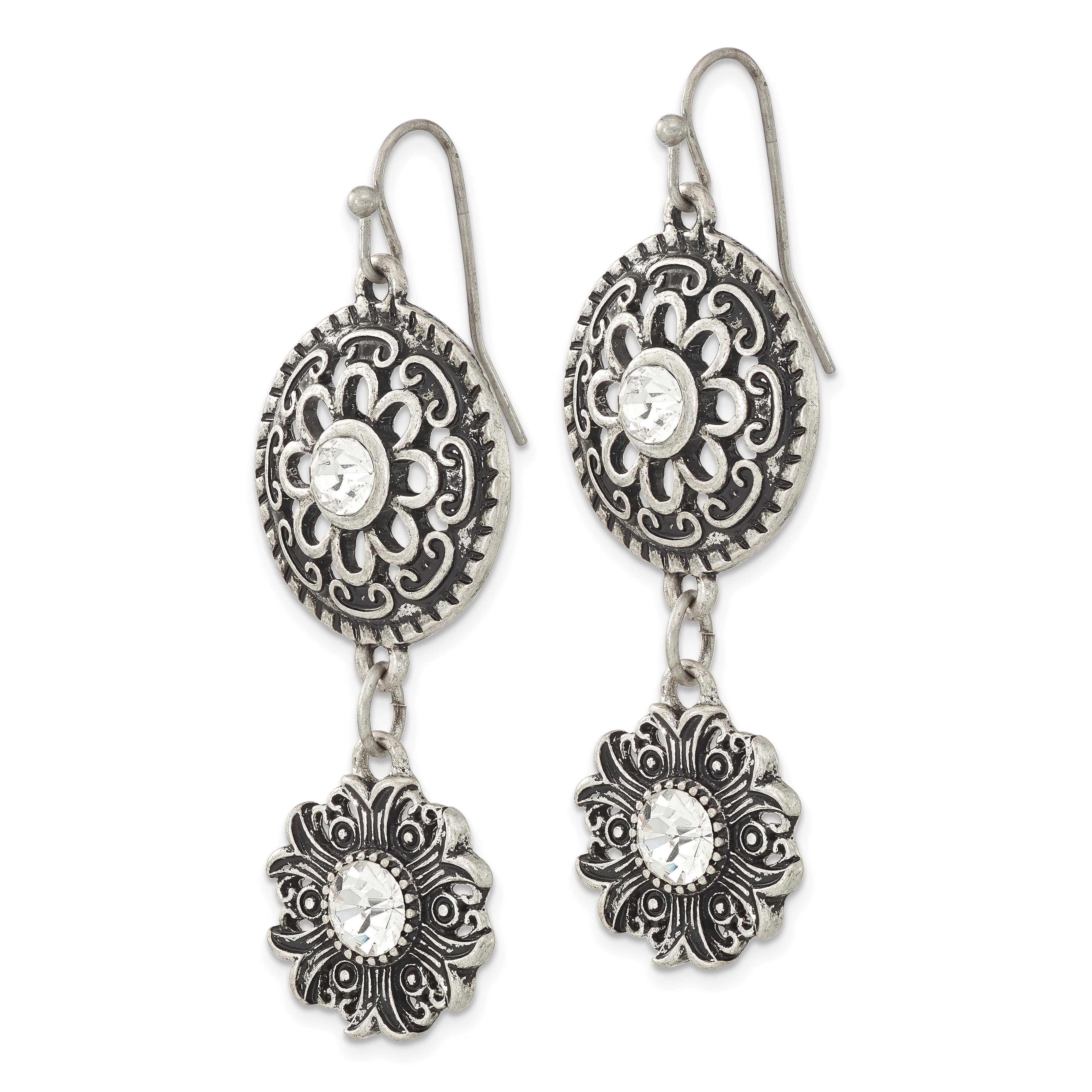 Silver-tone Floral Dangle Earrings with Clear Glass Accents – Vintage Inspired 50mm