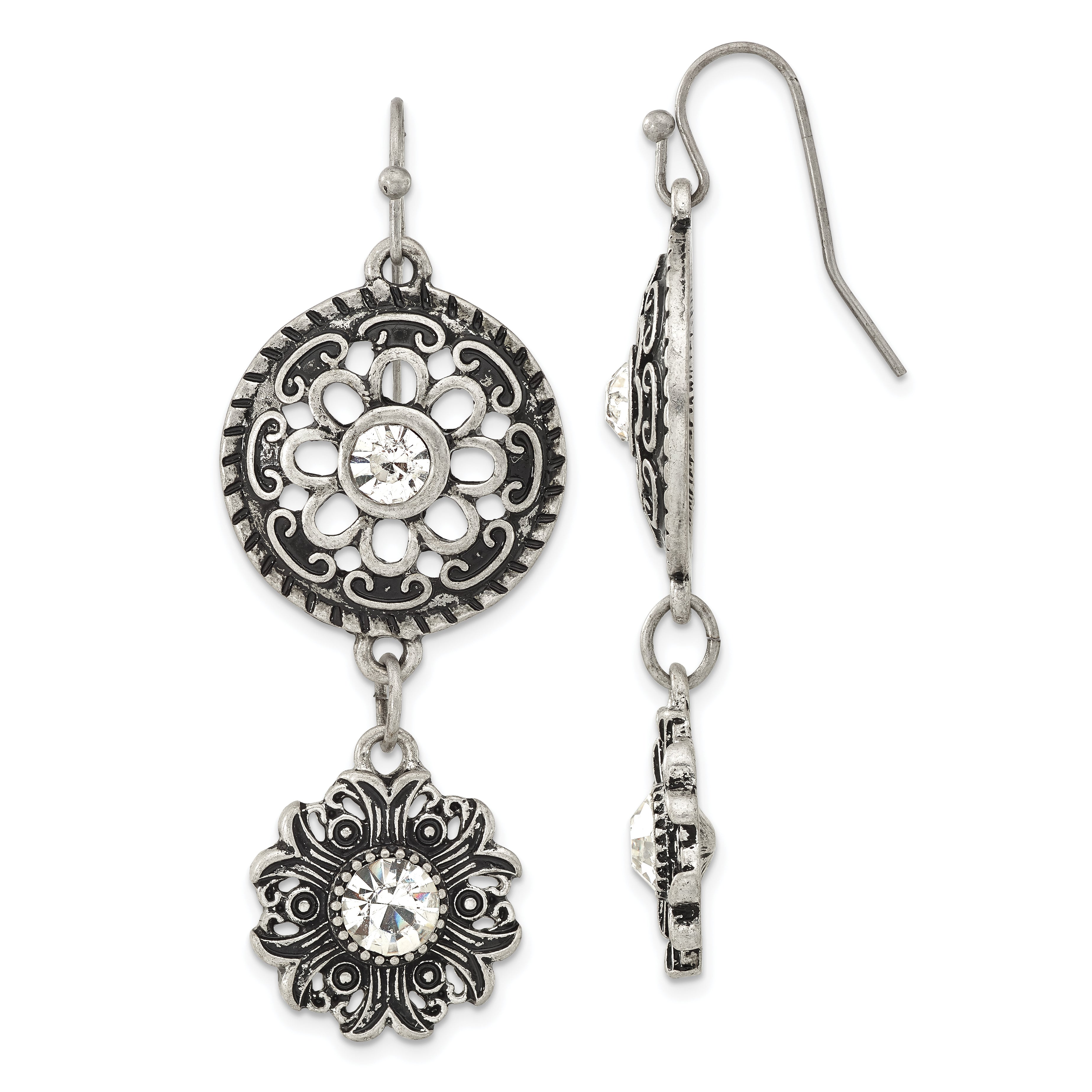 1928 Jewelry Silver-tone Sunburst with Clear Glass Centers Floral Dangle Earrings