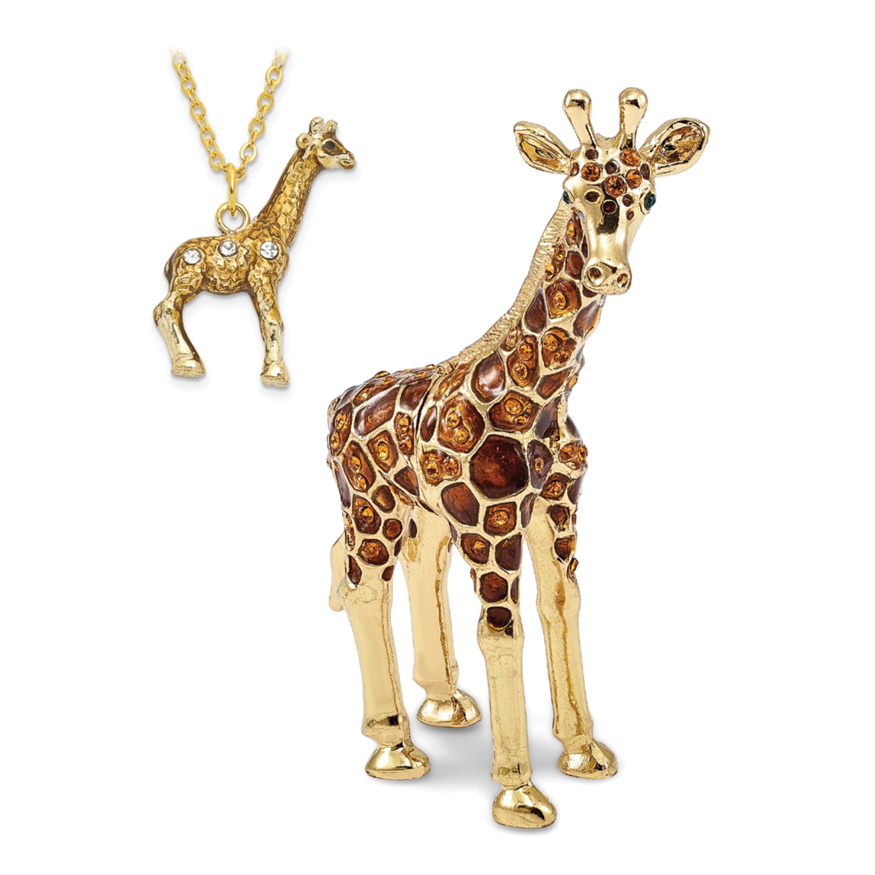 Luxury Giftware Pewter Bejeweled Crystals Gold-tone Enameled GRACIE Gentle Giraffe Trinket Box with Matching 18 Inch Necklace