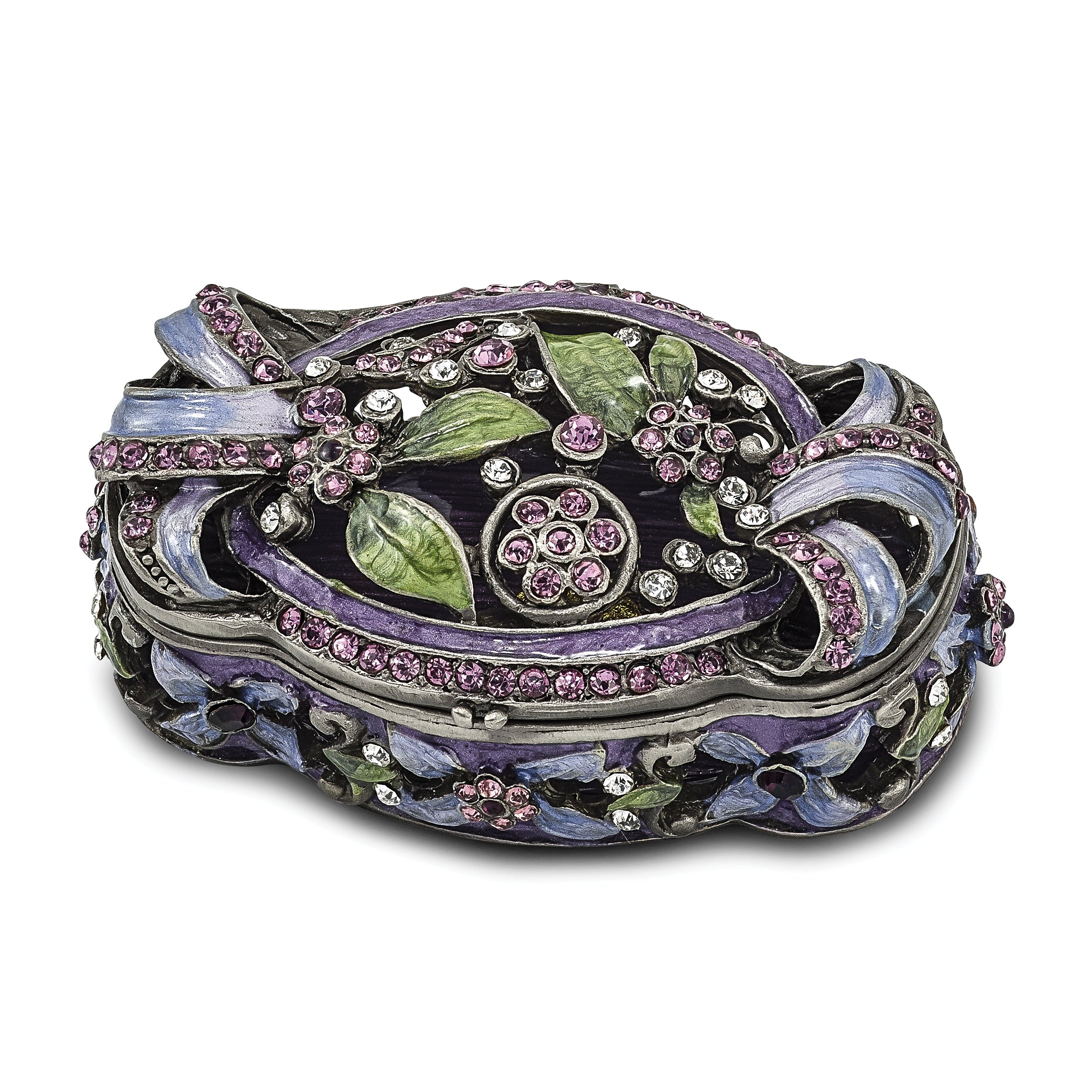 Luxury Giftware Pewter Bejeweled Crystals Pewter-tone Enameled SECRET GARDEN Floral Trunk Trinket Box with Matching 18 Inch Necklace