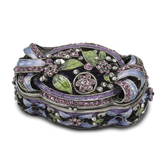 Luxury Giftware Pewter Bejeweled Crystals Pewter-tone Enameled SECRET GARDEN Floral Trunk Trinket Box with Matching 18 Inch Necklace