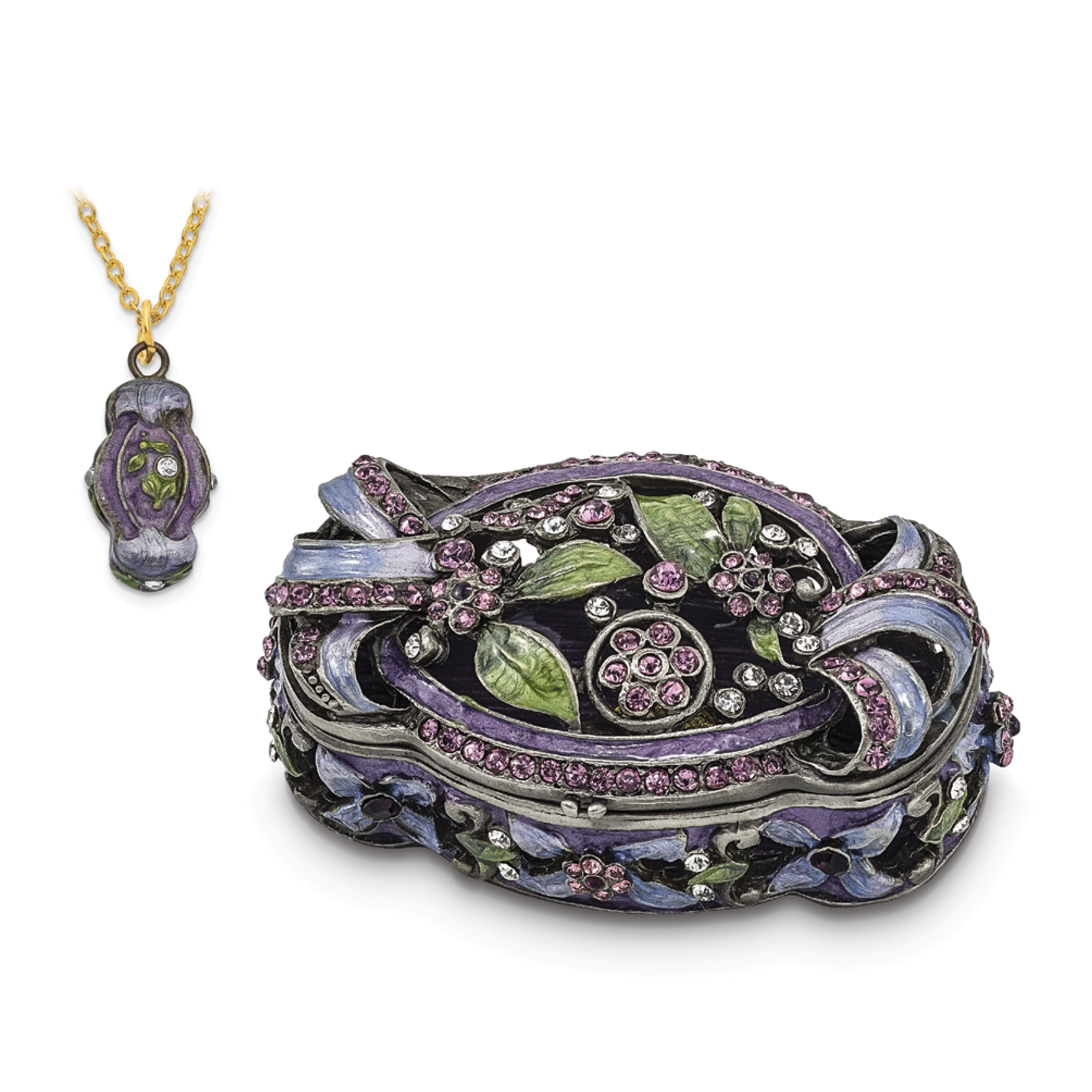 Luxury Giftware Pewter Bejeweled Crystals Pewter-tone Enameled SECRET GARDEN Floral Trunk Trinket Box with Matching 18 Inch Necklace