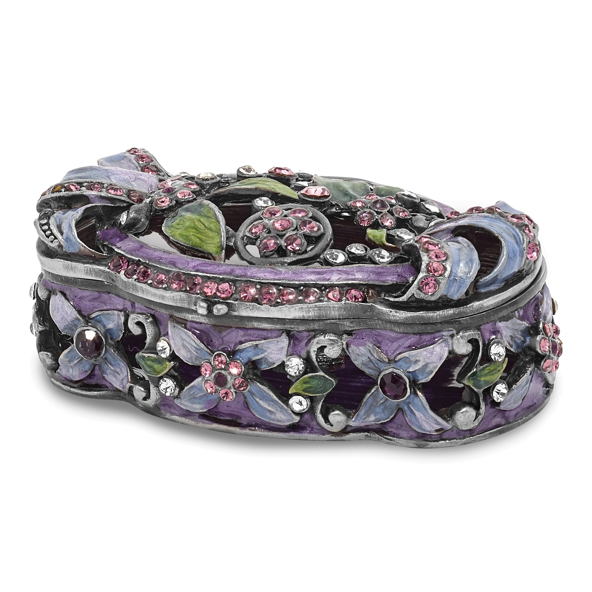 Luxury Giftware Pewter Bejeweled Crystals Pewter-tone Enameled SECRET GARDEN Floral Trunk Trinket Box with Matching 18 Inch Necklace