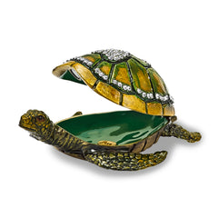 Luxury Giftware Pewter Bejeweled Crystals Gold-tone Enameled SWEETHEART Green Sea Turtle w/Heart Trinket Box with Matching 18 Inch Necklace