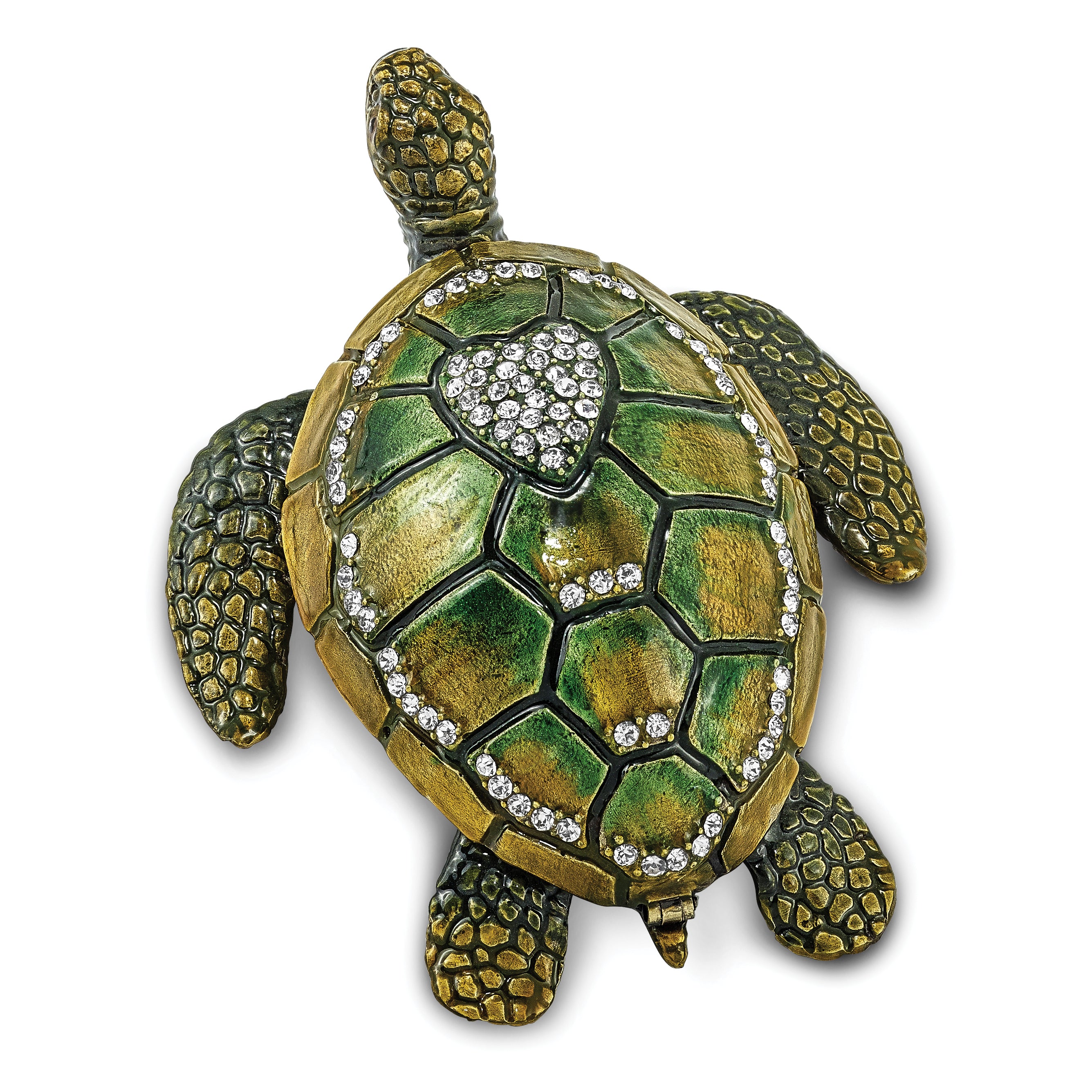 Luxury Giftware Pewter Bejeweled Crystals Gold-tone Enameled SWEETHEART Green Sea Turtle w/Heart Trinket Box with Matching 18 Inch Necklace