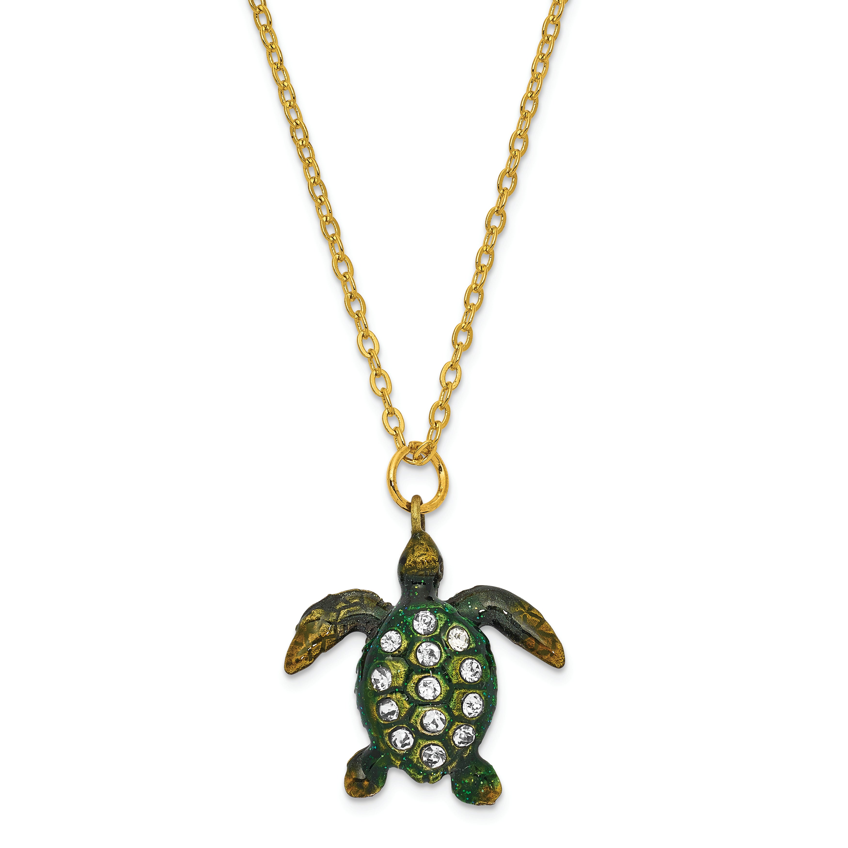 Luxury Giftware Pewter Bejeweled Crystals Gold-tone Enameled SWEETHEART Green Sea Turtle w/Heart Trinket Box with Matching 18 Inch Necklace