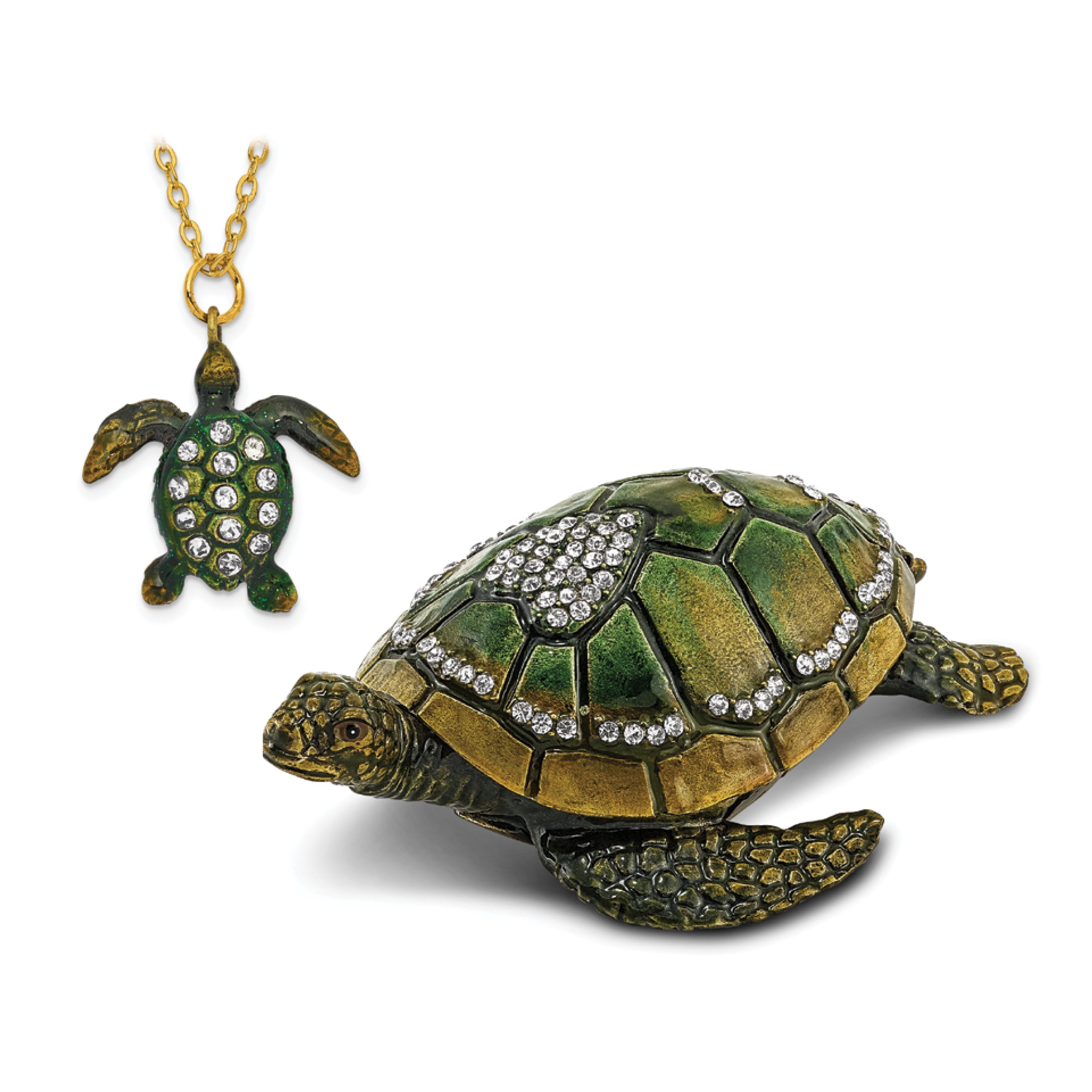 Luxury Giftware Pewter Bejeweled Crystals Gold-tone Enameled SWEETHEART Green Sea Turtle w/Heart Trinket Box with Matching 18 Inch Necklace