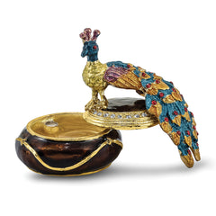 Luxury Giftware Pewter Bejeweled Crystals Gold-tone Enameled DIJON Peacock Box Trinket Box with Matching 18 Inch Necklace