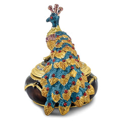 Luxury Giftware Pewter Bejeweled Crystals Gold-tone Enameled DIJON Peacock Box Trinket Box with Matching 18 Inch Necklace