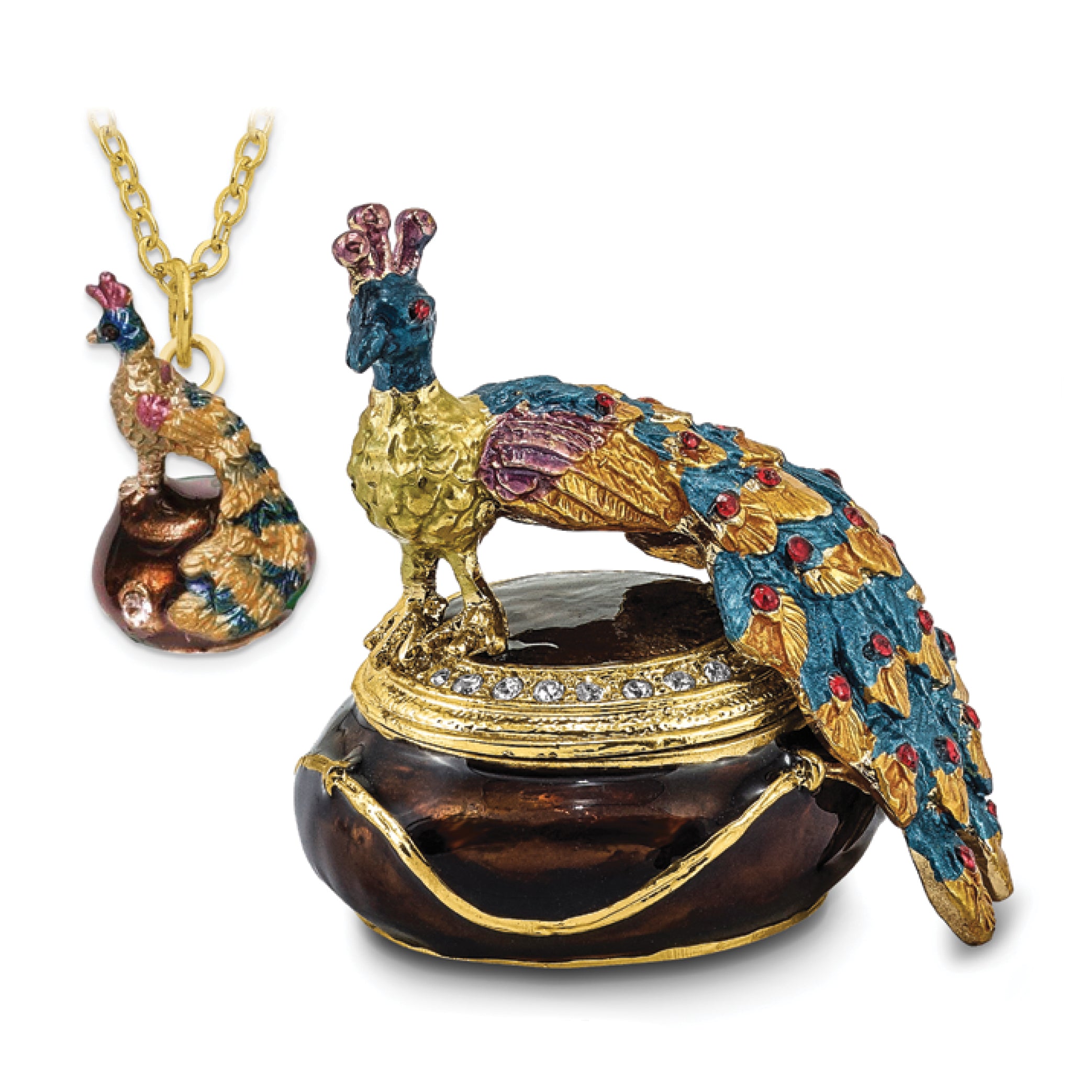 Luxury Giftware Pewter Bejeweled Crystals Gold-tone Enameled DIJON Peacock Box Trinket Box with Matching 18 Inch Necklace