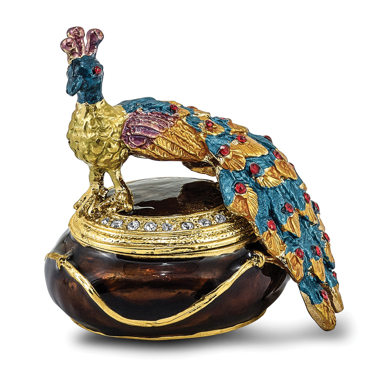 Luxury Giftware Pewter Bejeweled Crystals Gold-tone Enameled DIJON Peacock Box Trinket Box with Matching 18 Inch Necklace