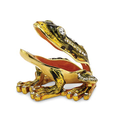 Luxury Giftware Pewter Bejeweled Crystals Gold-tone Enameled JUMPIN' FROG FLASH Green Frog Trinket Box with Matching 18 Inch Necklace