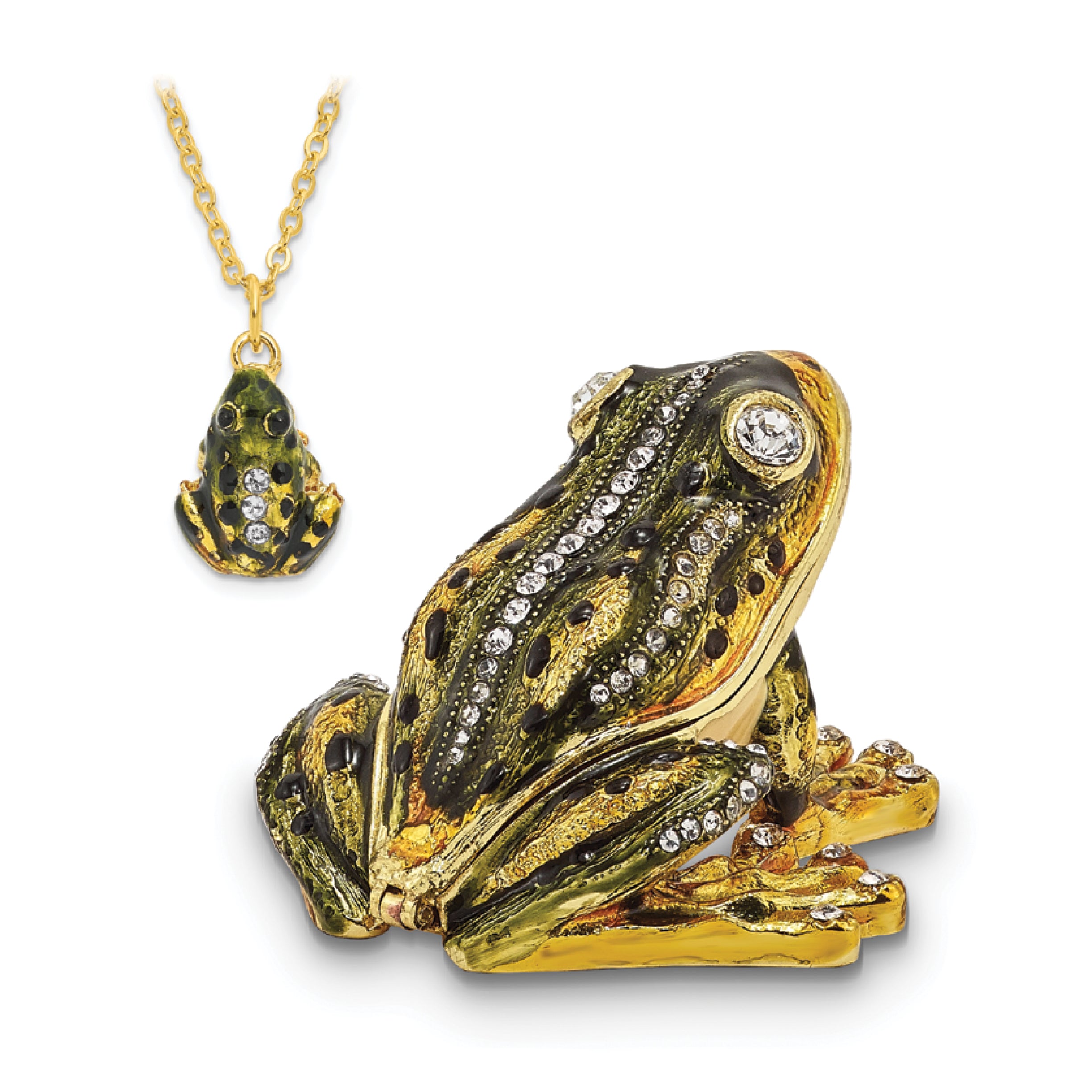 Luxury Giftware Pewter Bejeweled Crystals Gold-tone Enameled JUMPIN' FROG FLASH Green Frog Trinket Box with Matching 18 Inch Necklace