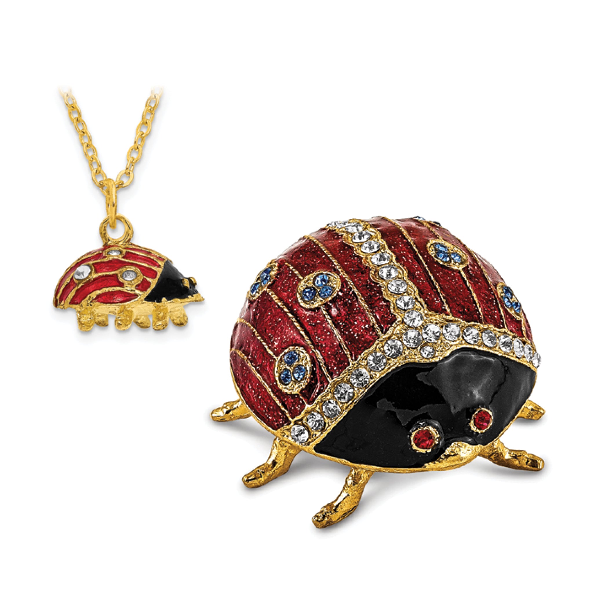 Luxury Giftware Pewter Bejeweled Crystals Gold-tone Enameled LUXY Ladybug Trinket Box with Matching 18 Inch Necklace