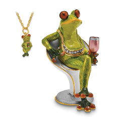 Luxury Giftware Pewter Bejeweled Crystals Gold-tone Enameled VIVACIOUS Vino Frog Trinket Box with Matching 18 Inch Necklace