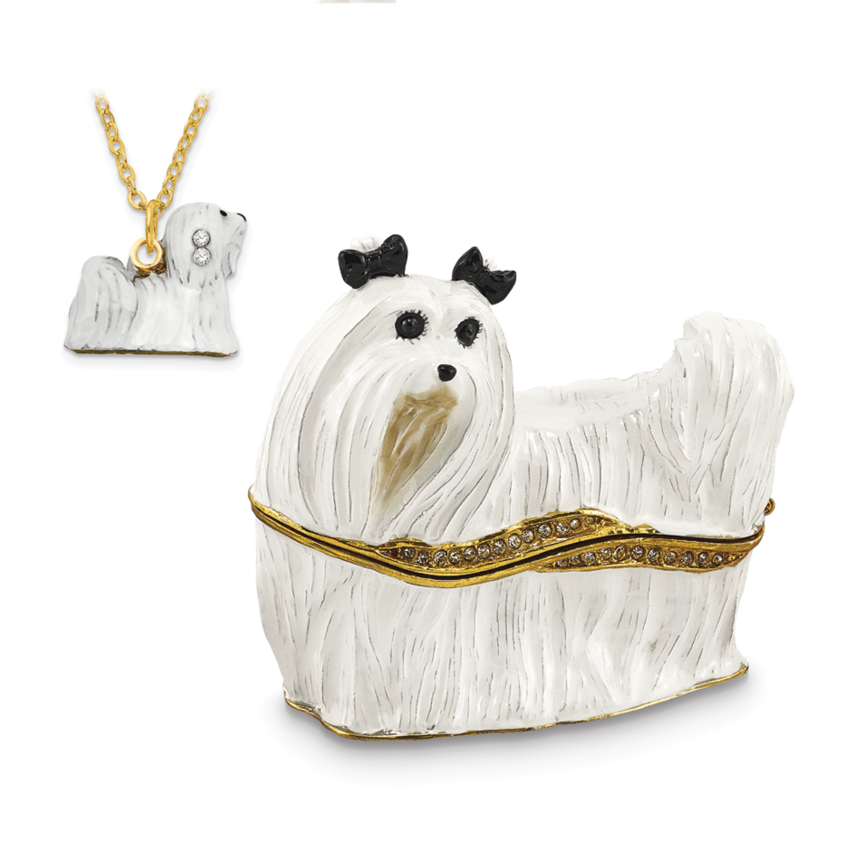 Luxury Giftware Pewter Bejeweled Crystals Gold-tone Enameled MILLIE Maltese Trinket Box with Matching 18 Inch Necklace