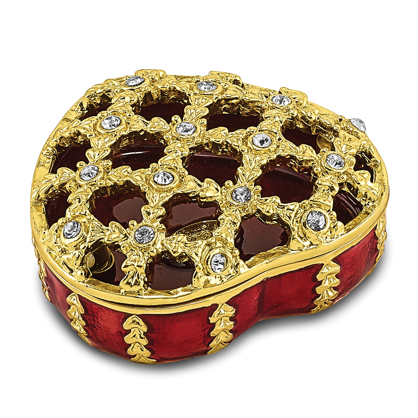 Luxury Giftware Pewter Bejeweled Crystals Gold-tone Enameled PEEK-A-BOO Decorative Heart Trinket Box with Matching 18 Inch Necklace