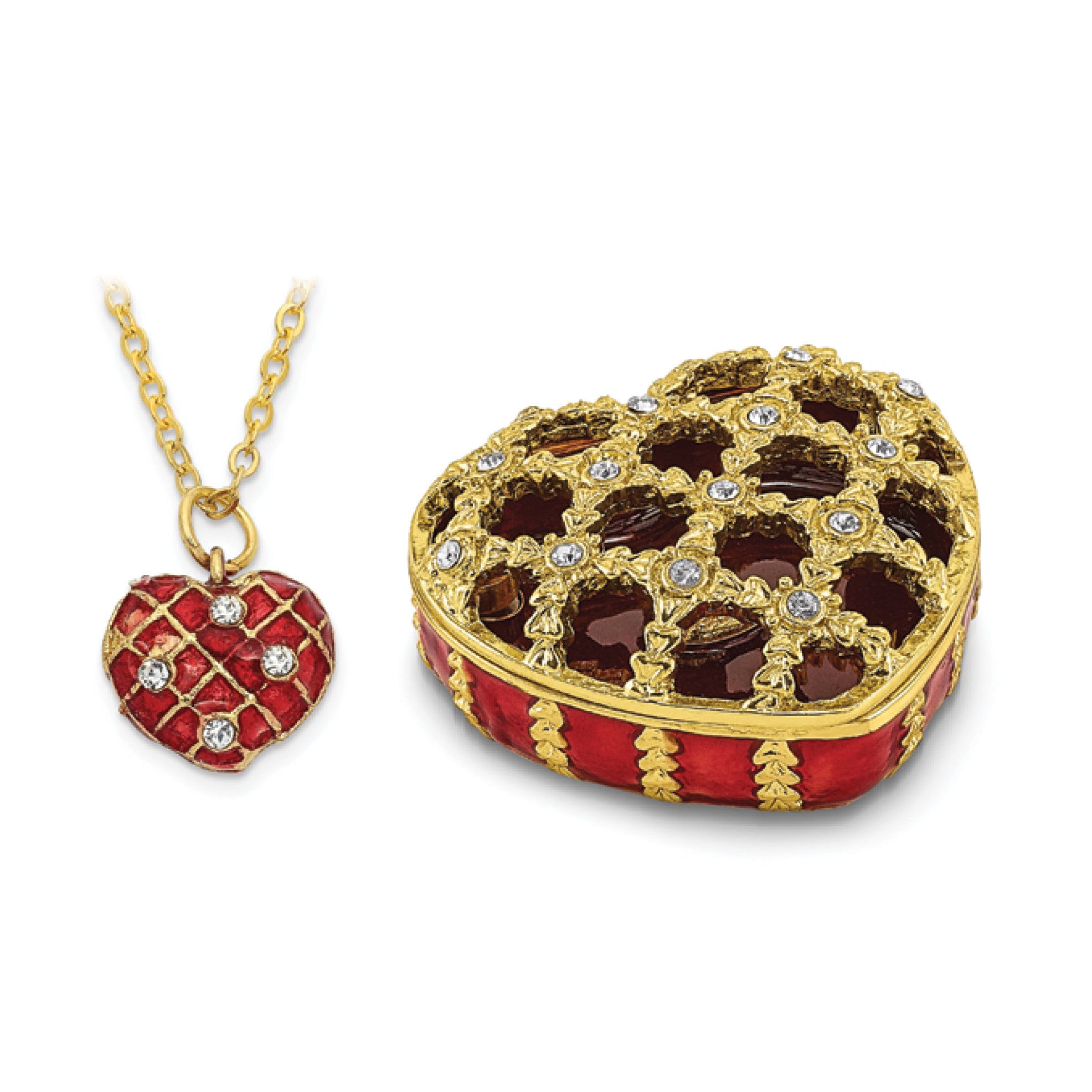 Luxury Giftware Pewter Bejeweled Crystals Gold-tone Enameled PEEK-A-BOO Decorative Heart Trinket Box with Matching 18 Inch Necklace