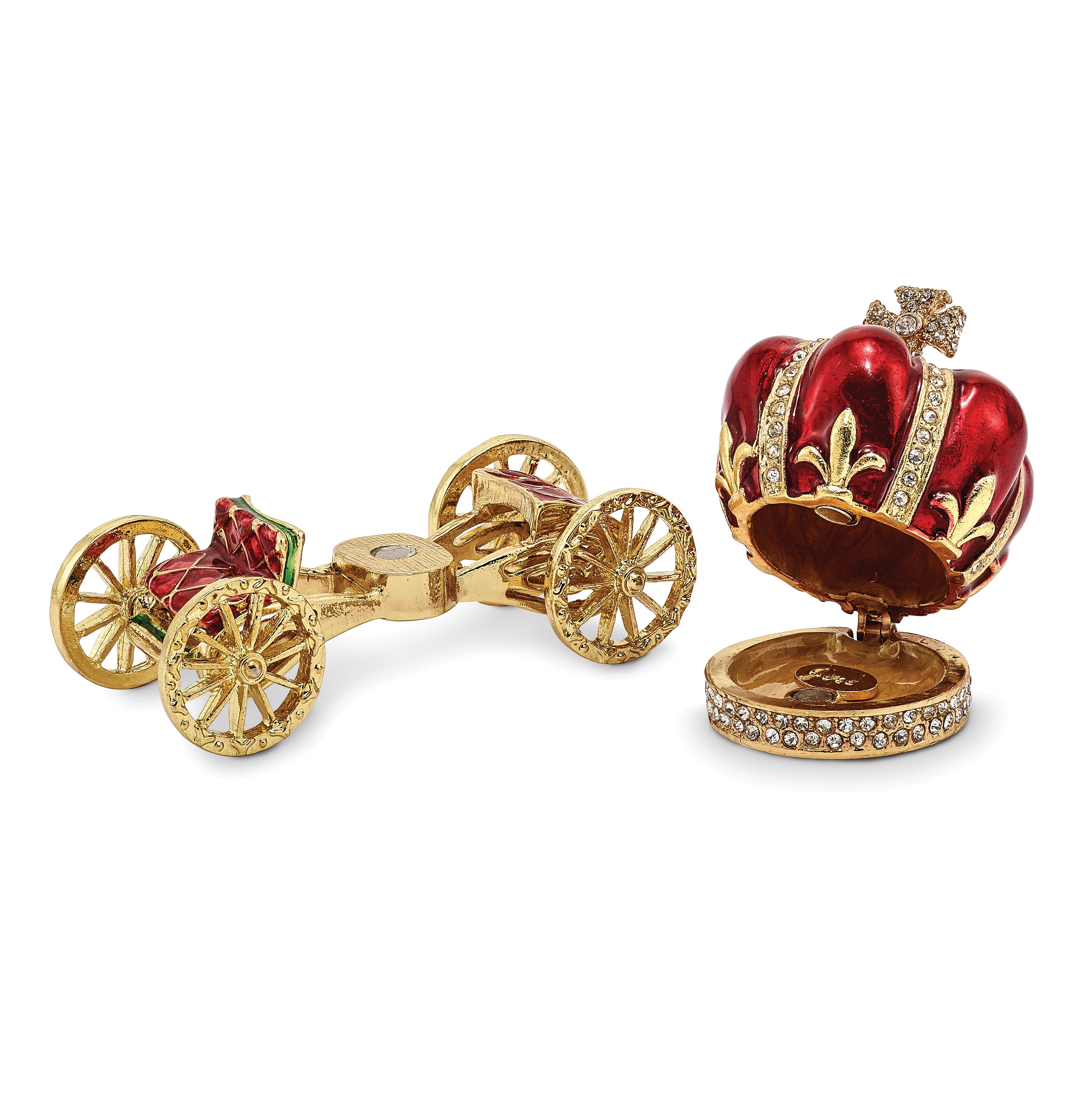 Luxury Giftware Pewter Bejeweled Crystals Gold-tone Enameled HER MAJESTY'S CROWN Carriage Trinket Box with Matching 18 Inch Necklace