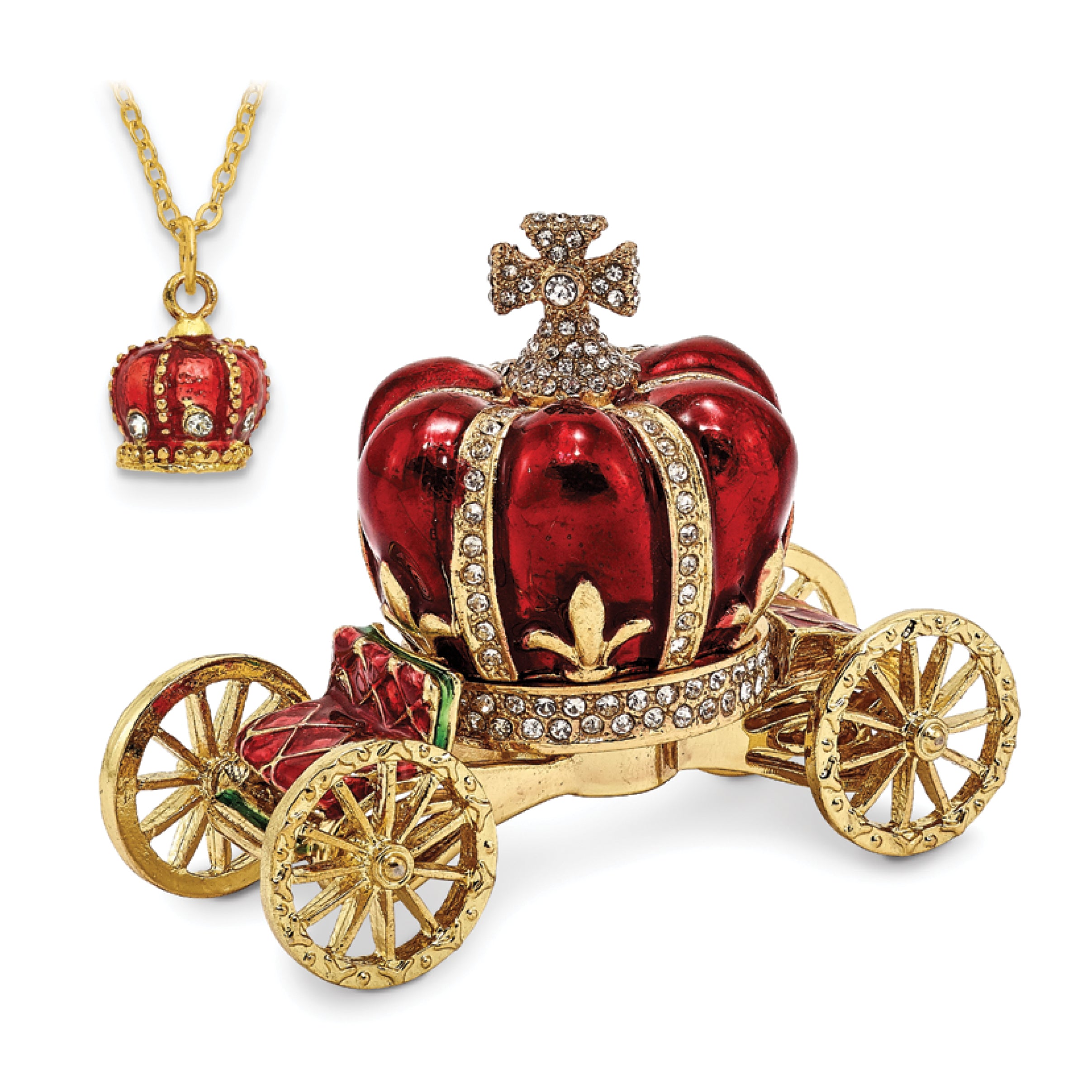 Luxury Giftware Pewter Bejeweled Crystals Gold-tone Enameled HER MAJESTY'S CROWN Carriage Trinket Box with Matching 18 Inch Necklace