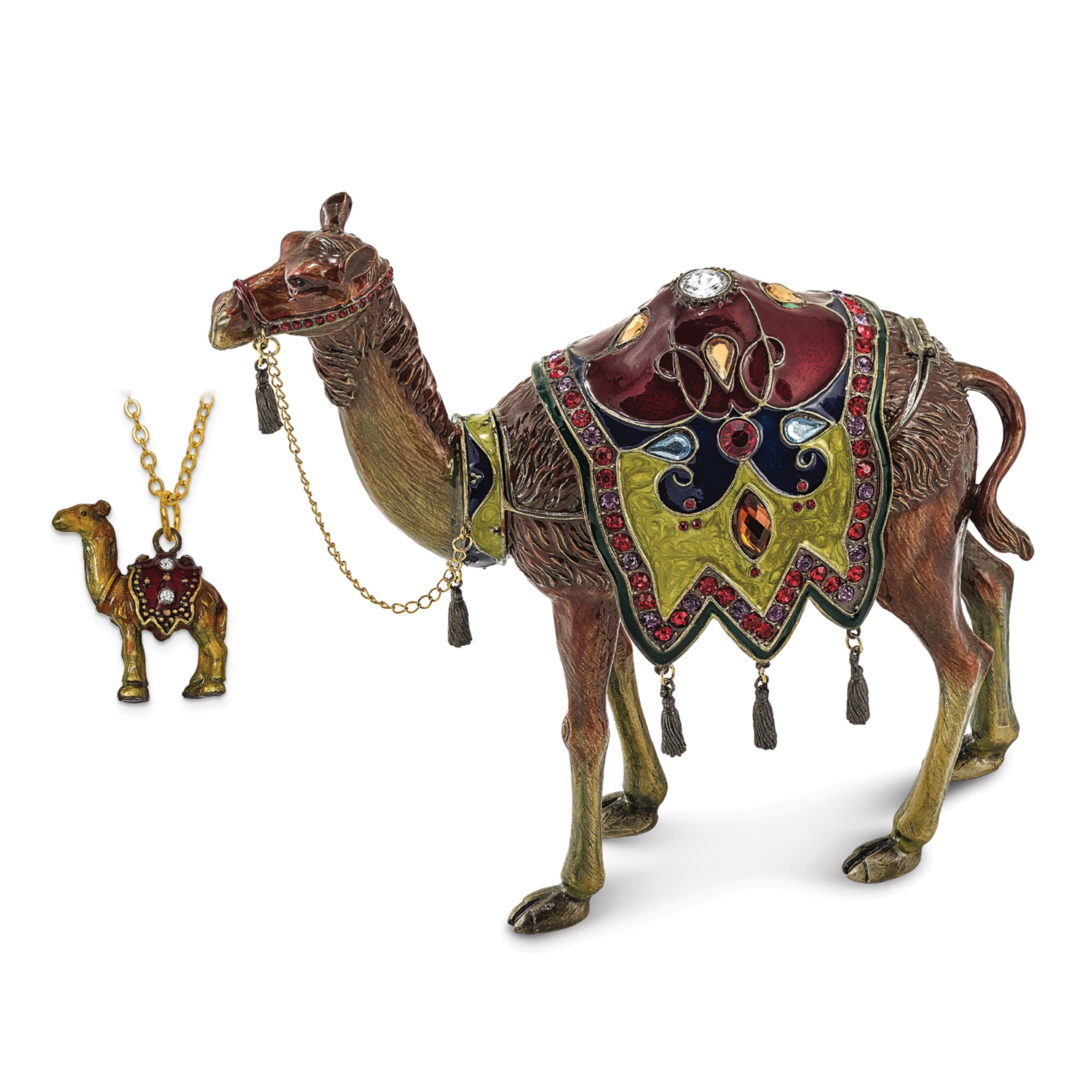 Luxury Giftware Pewter Bejeweled Crystals Gold-tone Enameled ALI Prince of the Desert Large Camel Trinket Box with Matching 18 Inch Necklace