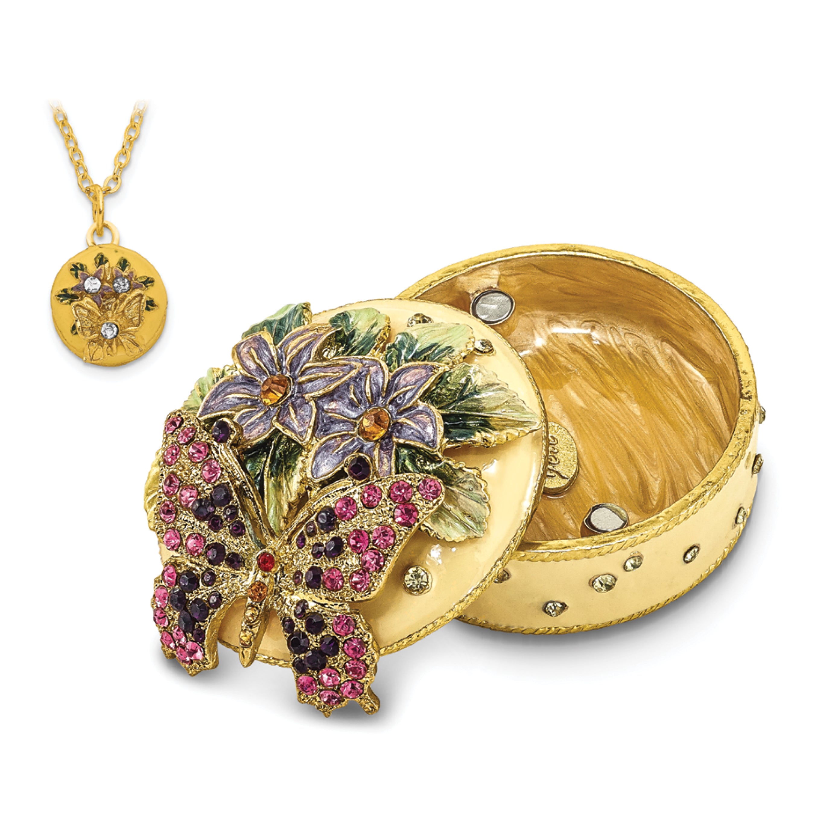 Luxury Giftware Pewter Bejeweled Crystals Gold-tone Enameled FLORIAN Butterfly & Floral Box Trinket Box with Matching 18 Inch Necklace