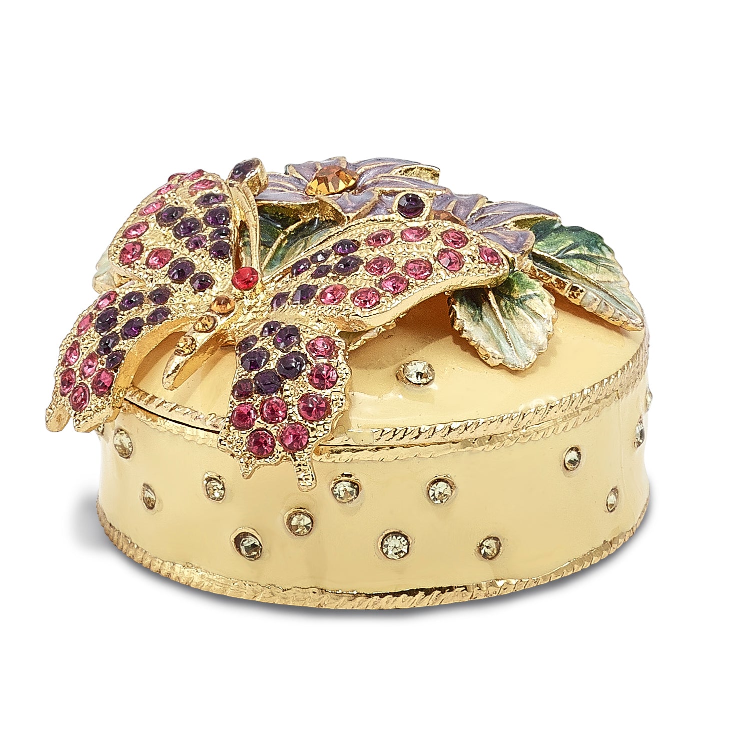 Luxury Giftware Pewter Bejeweled Crystals Gold-tone Enameled FLORIAN Butterfly & Floral Box Trinket Box with Matching 18 Inch Necklace