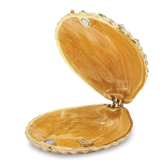 Luxury Giftware Pewter Bejeweled Crystals Gold-tone Enameled PINKY Clam Shell Trinket Box with Matching 18 Inch Necklace