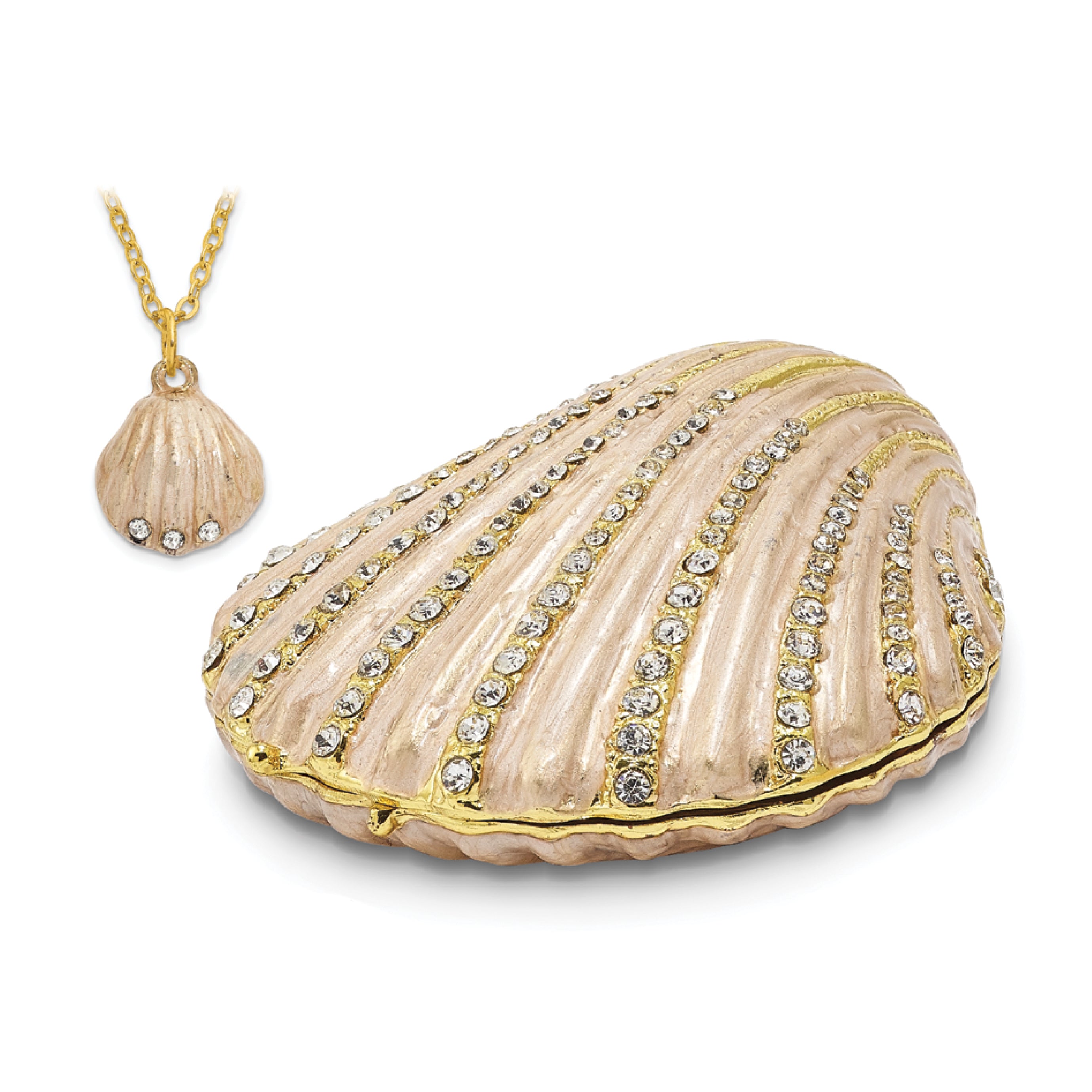 Luxury Giftware Pewter Bejeweled Crystals Gold-tone Enameled PINKY Clam Shell Trinket Box with Matching 18 Inch Necklace