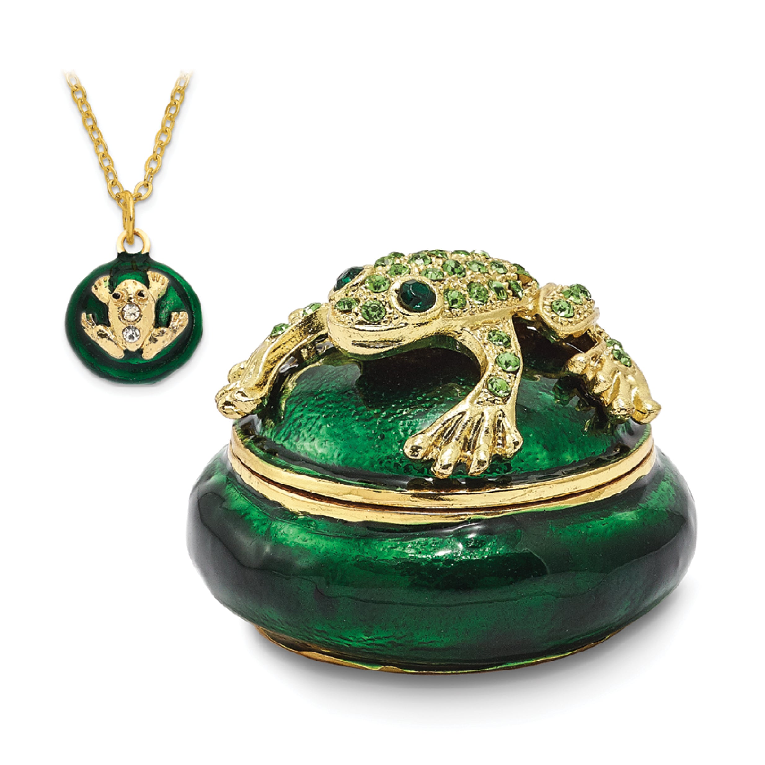 Luxury Giftware Pewter Bejeweled Crystals Gold-tone Enameled SPECKLES Frog Box Trinket Box with Matching 18 Inch Necklace