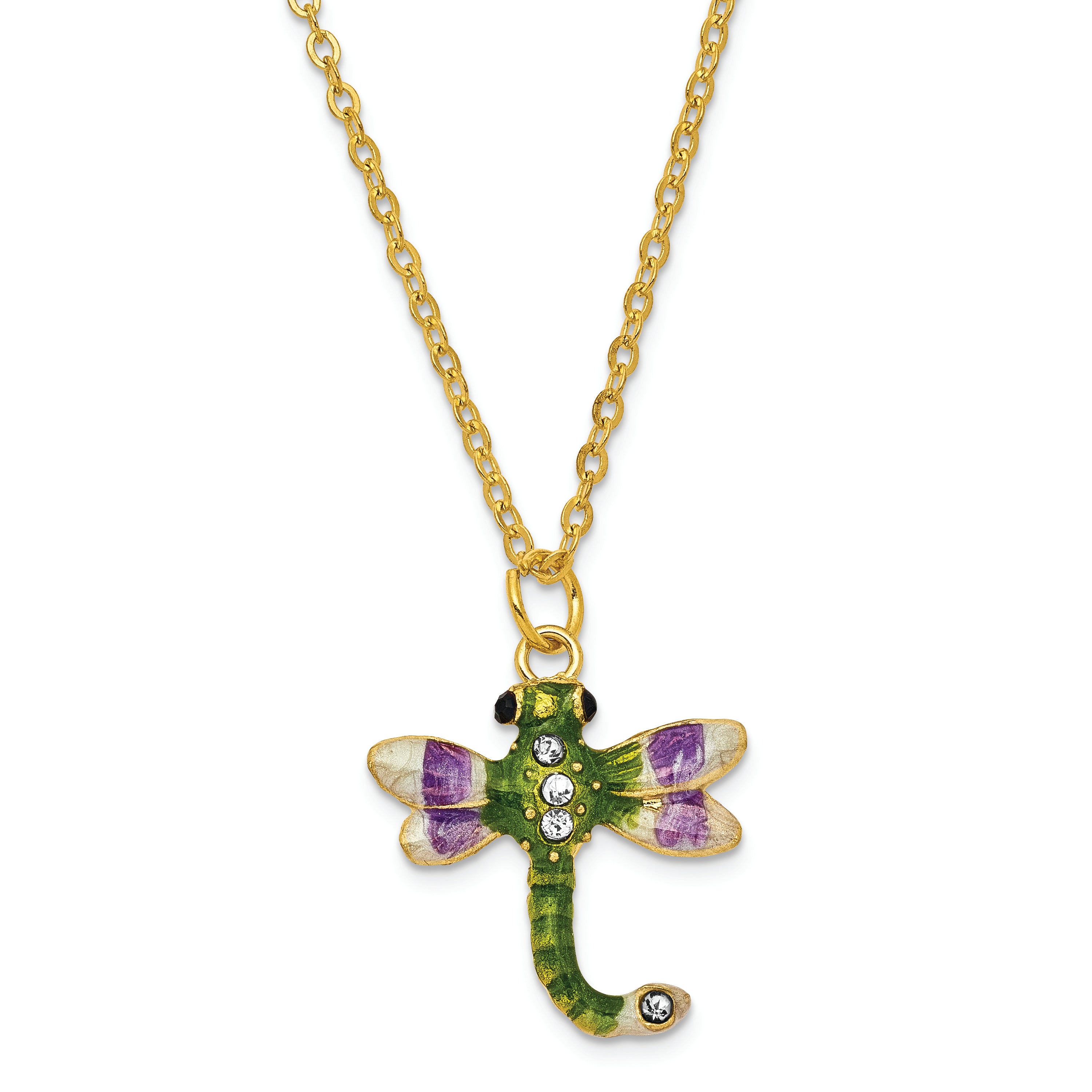 Luxury Giftware Pewter Bejeweled Crystals Gold-tone Enameled DEWEY Green Dragonfly Trinket Box with Matching 18 Inch Necklace