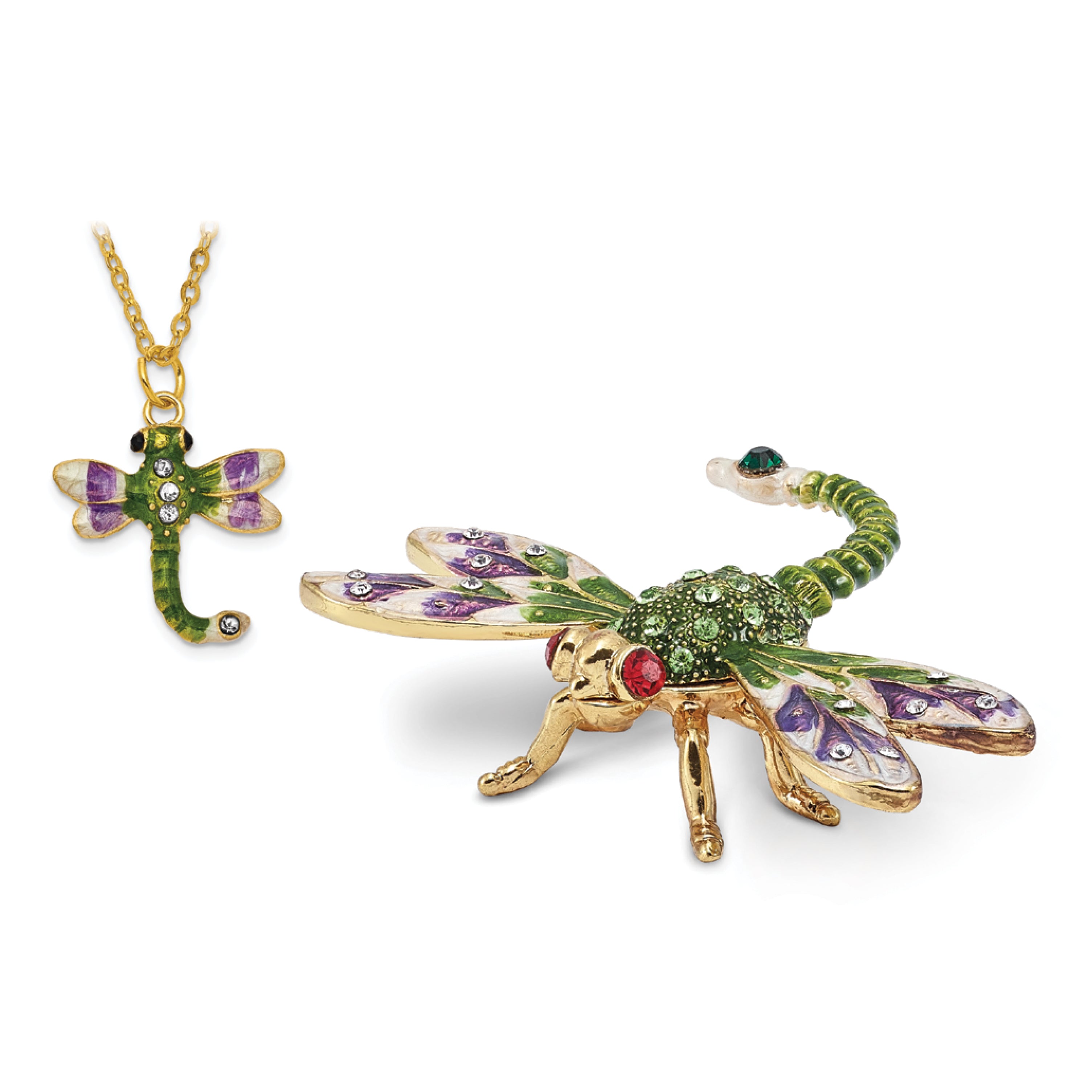 Luxury Giftware Pewter Bejeweled Crystals Gold-tone Enameled DEWEY Green Dragonfly Trinket Box with Matching 18 Inch Necklace