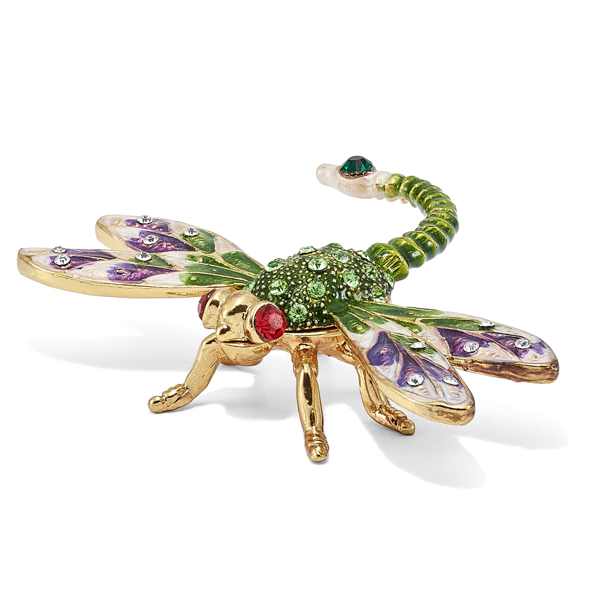 Luxury Giftware Pewter Bejeweled Crystals Gold-tone Enameled DEWEY Green Dragonfly Trinket Box with Matching 18 Inch Necklace