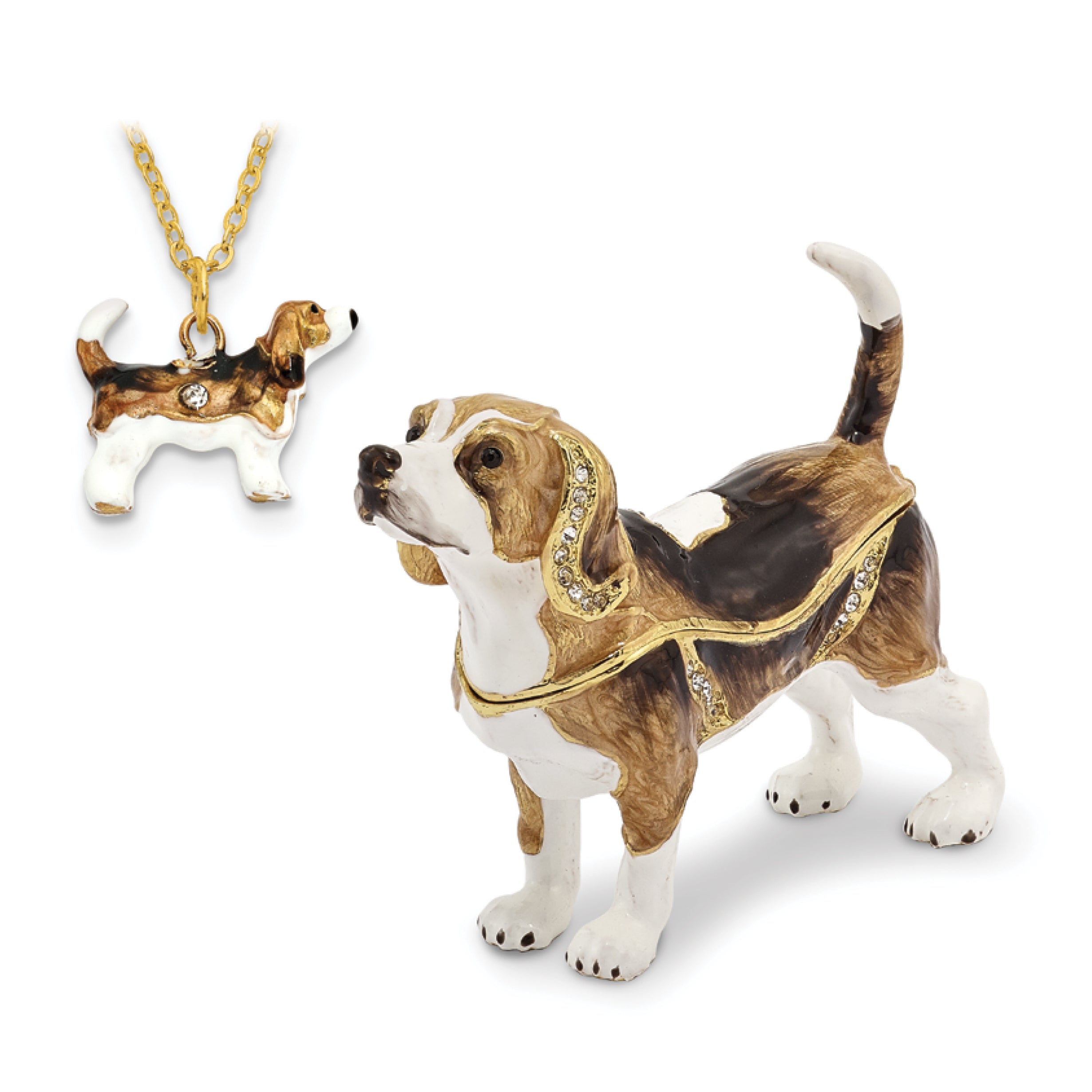 Luxury Giftware Pewter Bejeweled Crystals Gold-tone Enameled BEAUREGARD Beagle Trinket Box with Matching 18 Inch Necklace