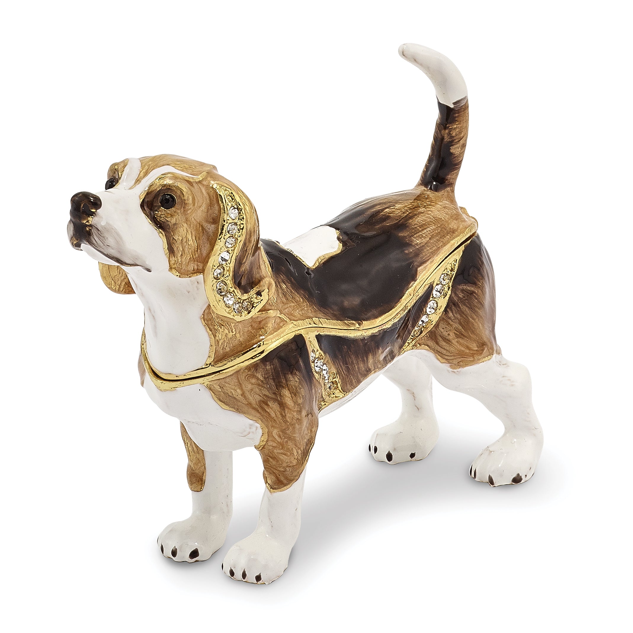 Luxury Giftware Pewter Bejeweled Crystals Gold-tone Enameled BEAUREGARD Beagle Trinket Box with Matching 18 Inch Necklace