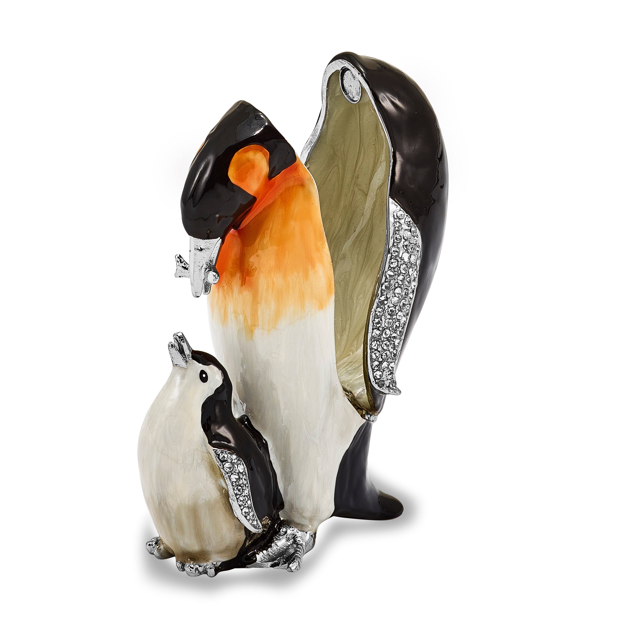 Luxury Giftware Pewter Bejeweled Crystals Silver-tone Enameled HERO & HARPER Emperor Penguin & Baby Trinket Box with Matching 18 Inch Necklace