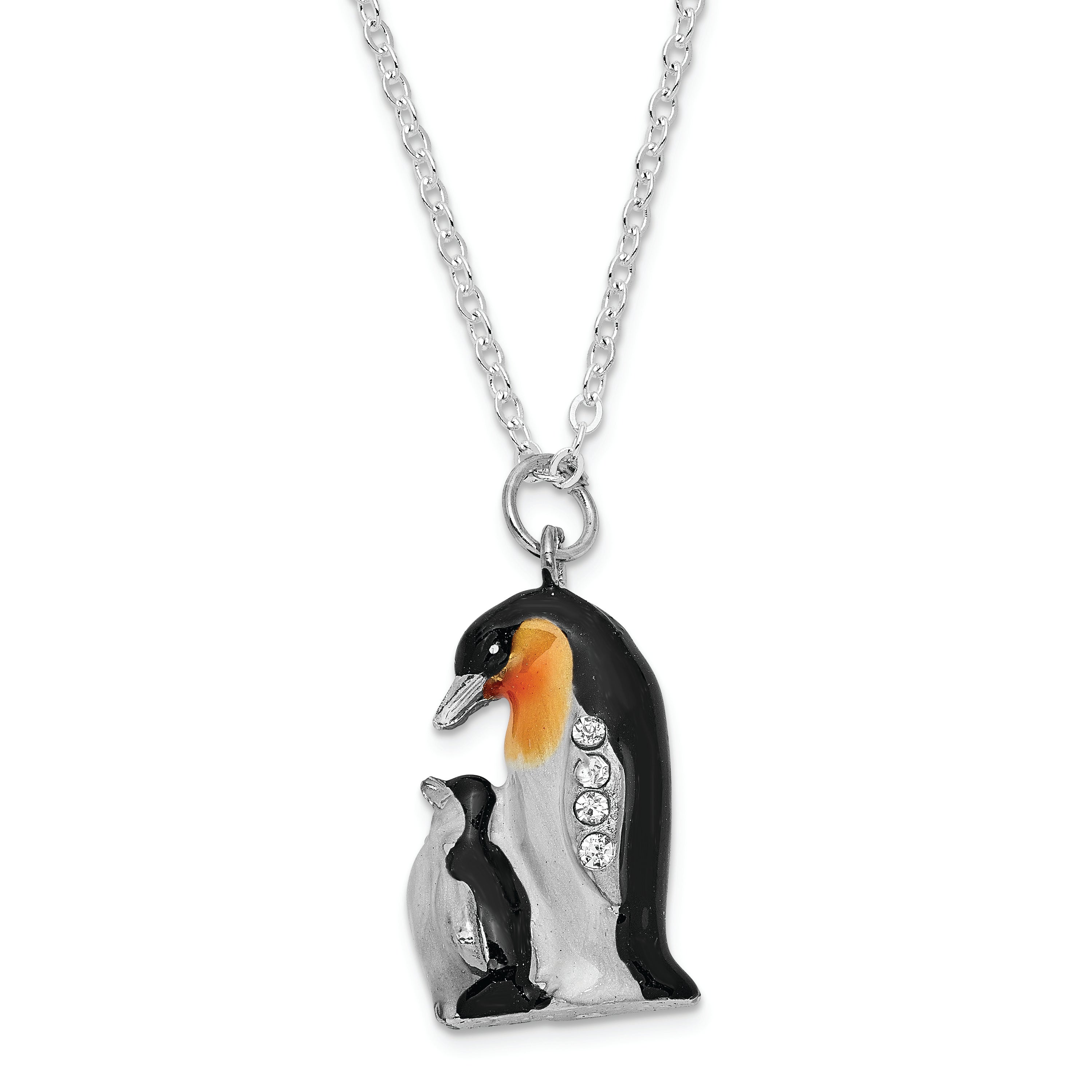 Luxury Giftware Pewter Bejeweled Crystals Silver-tone Enameled HERO & HARPER Emperor Penguin & Baby Trinket Box with Matching 18 Inch Necklace